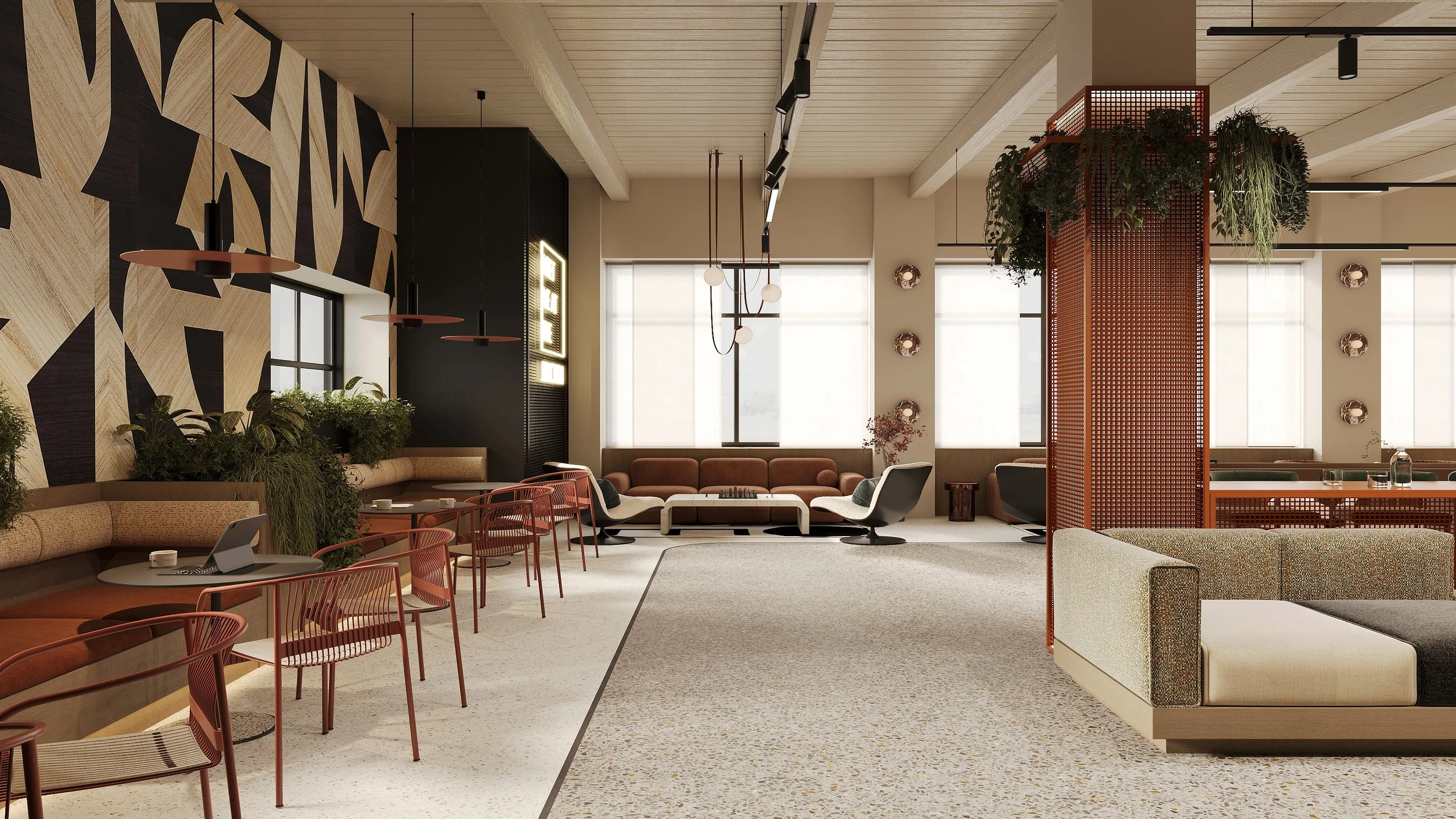 Modern lounge area with various seating options, potted plants, decorative wall art, large windows with blinds, and hanging pendant lights.