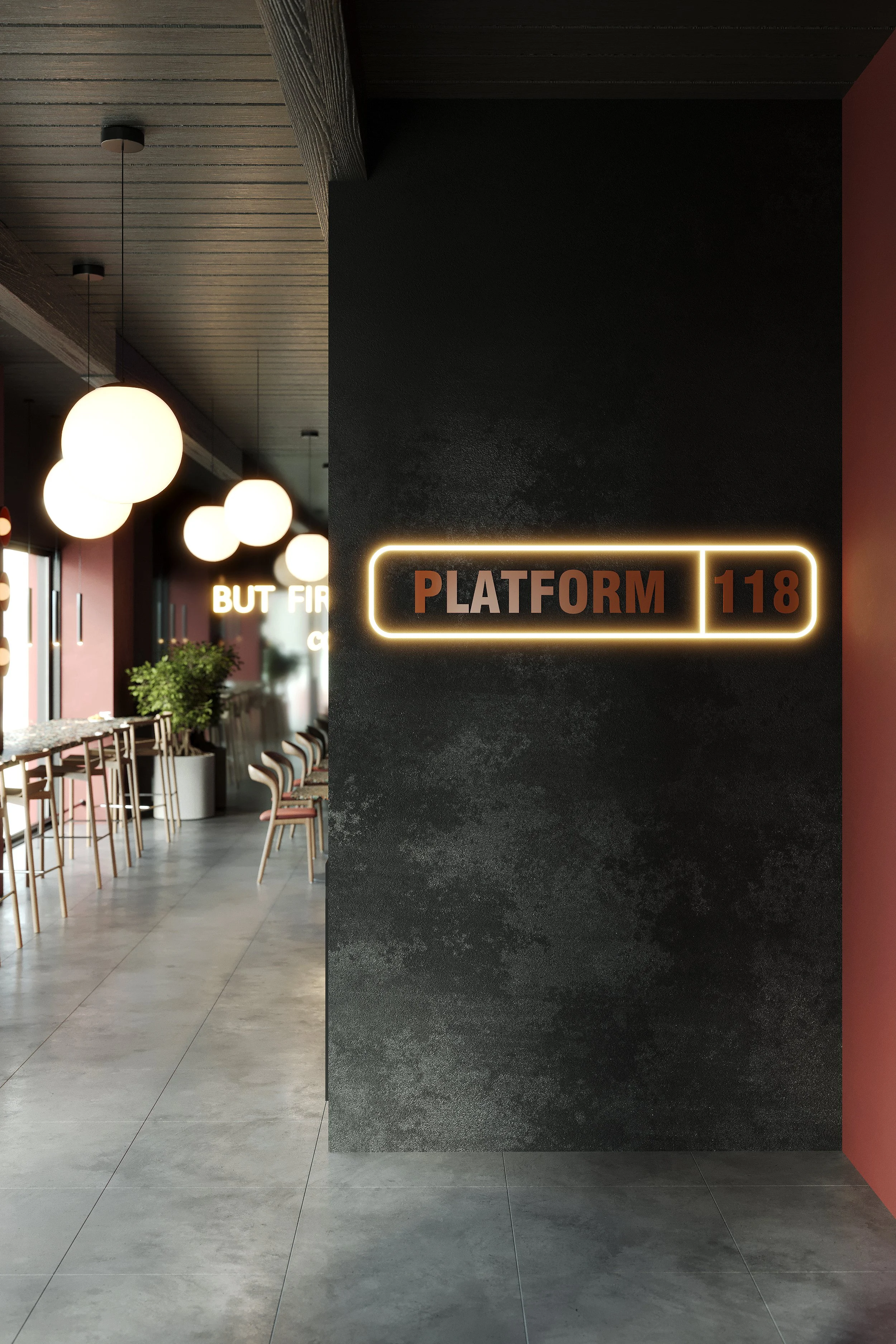 Indoor seating area with tables and chairs, decorative hanging lights, a potted plant, and a neon-lit sign on a black wall that reads 'PLATFORM 118'.