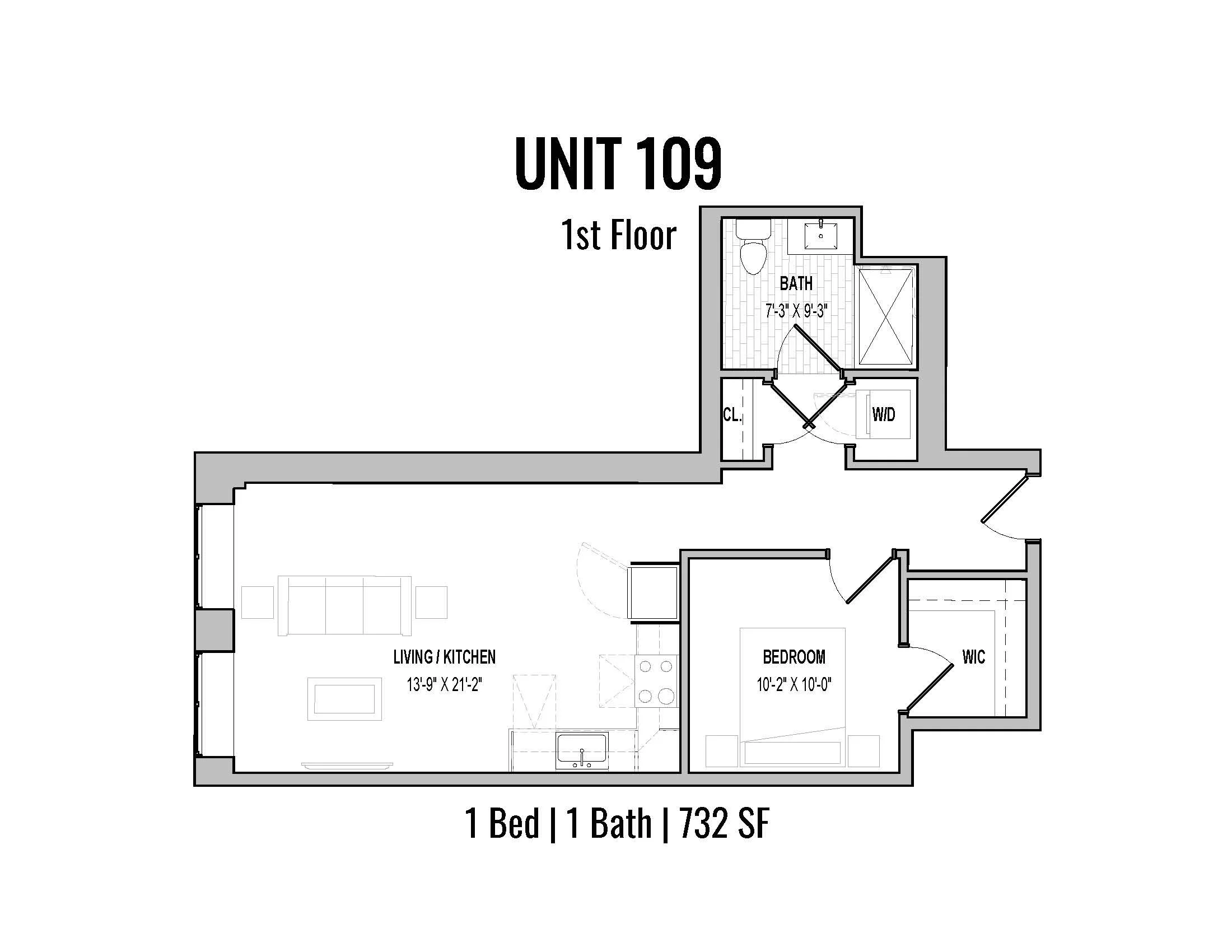 Floor plan of a one-bedroom, one-bath apartment labeled Unit 109, first floor, with a living/kitchen area, bedroom with walk-in closet, bathroom, and laundry area.