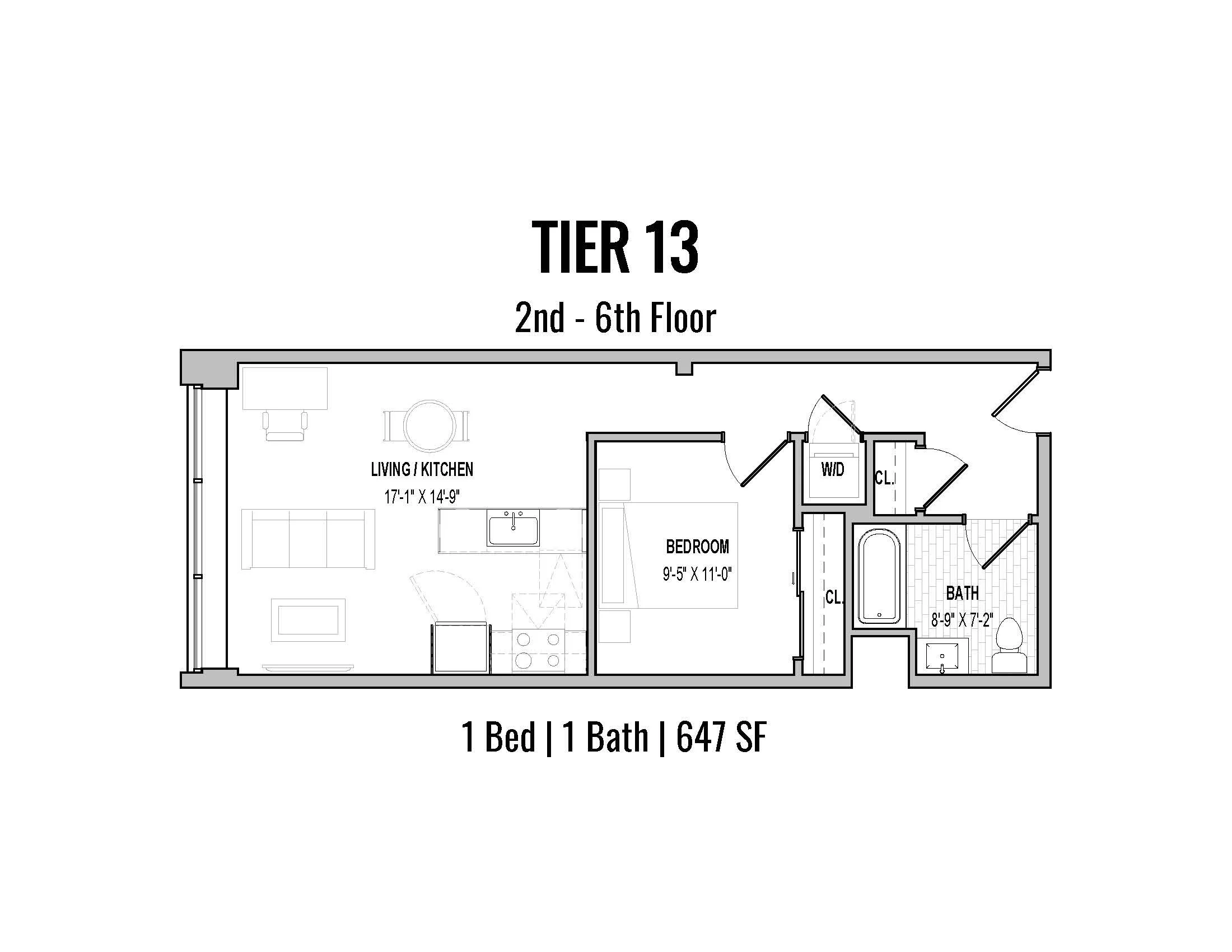 Floor plan for Tier 13, apartments on the 2nd to 6th floor, featuring a 1-bedroom, 1-bath unit with 647 square feet. The layout includes a combined living and kitchen area measuring 17'-1" by 14'-9", a bedroom measuring 9'-5" by 11'-0", a bathroom me