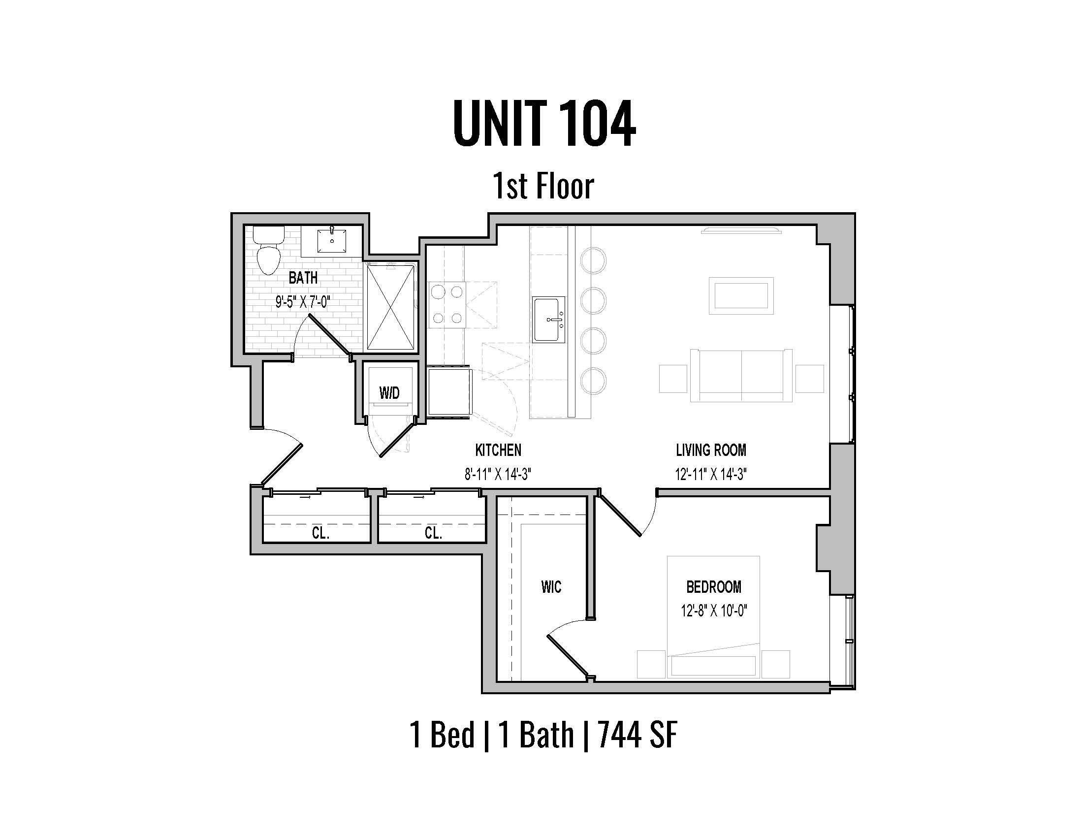 Floor plan of a one-bedroom apartment labeled UNIT 104, including a living room, kitchen, bathroom, bedroom, walk-in closet, and laundry area.