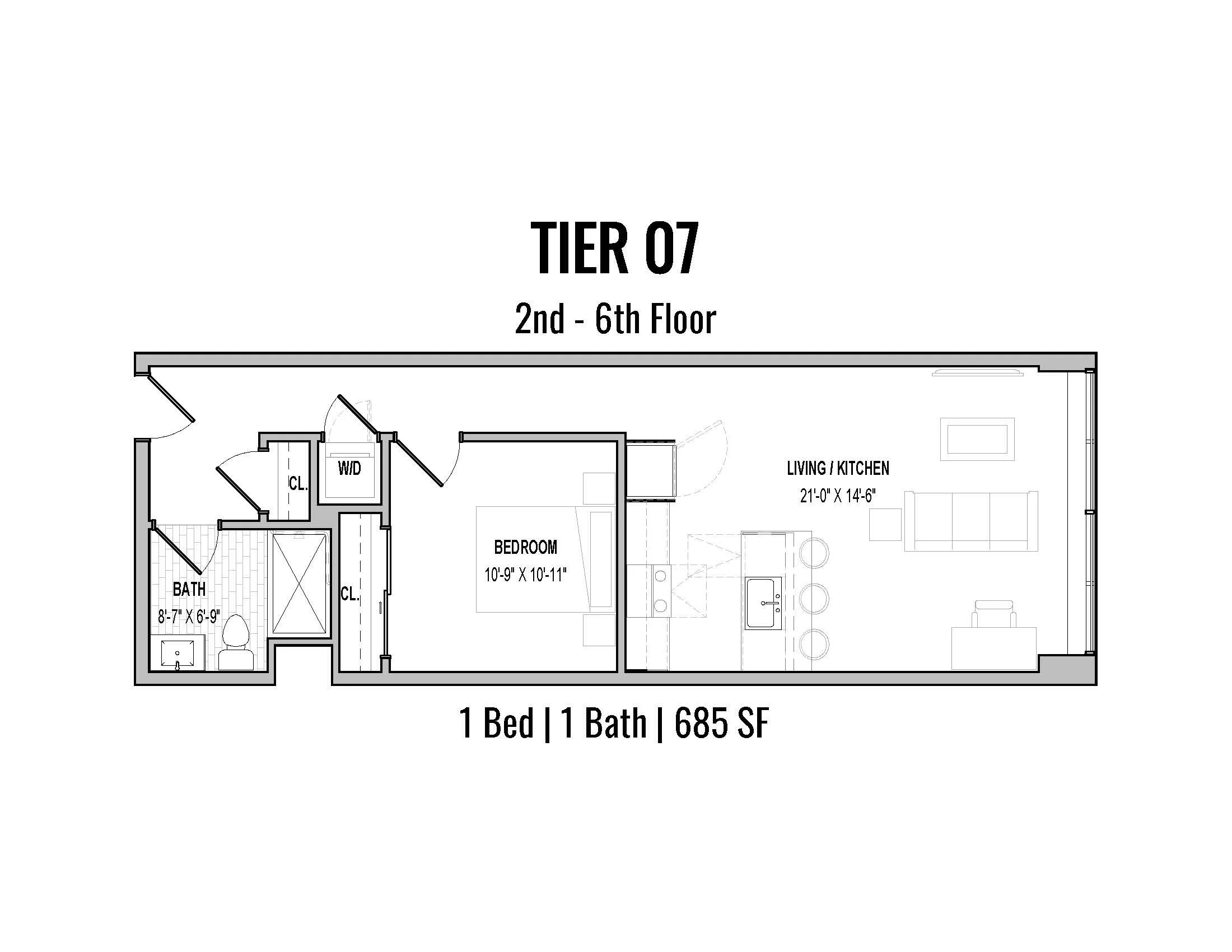 Floor plan of a one-bedroom apartment labeled 'Tier 07' on the 2nd to 6th floors, featuring a living/kitchen area, bedroom, and bathroom, with a total size of 685 square feet.