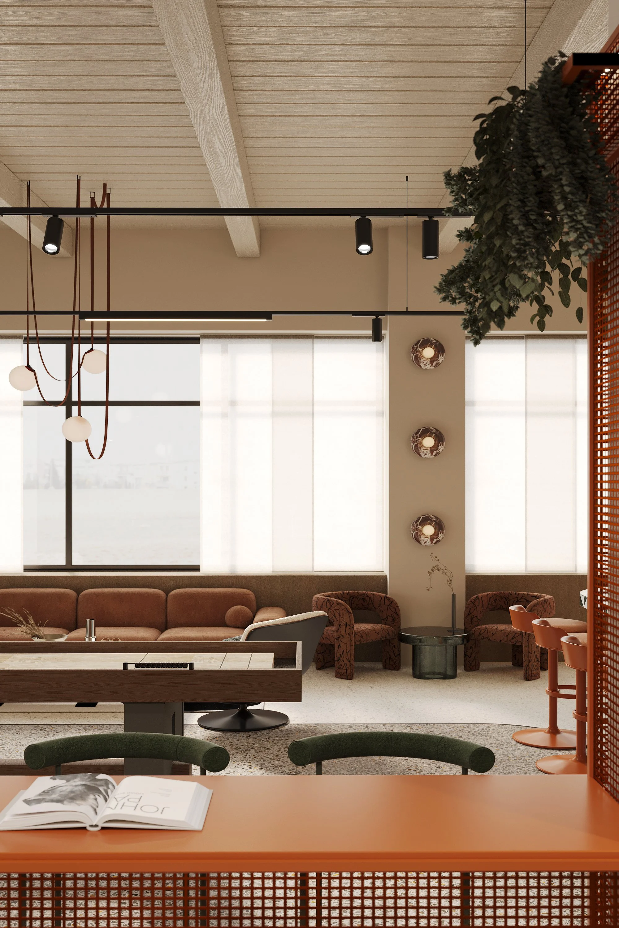 Modern lounge area with a brown sofa, patterned armchairs, hanging pendant lights, and large windows with sheer curtains.