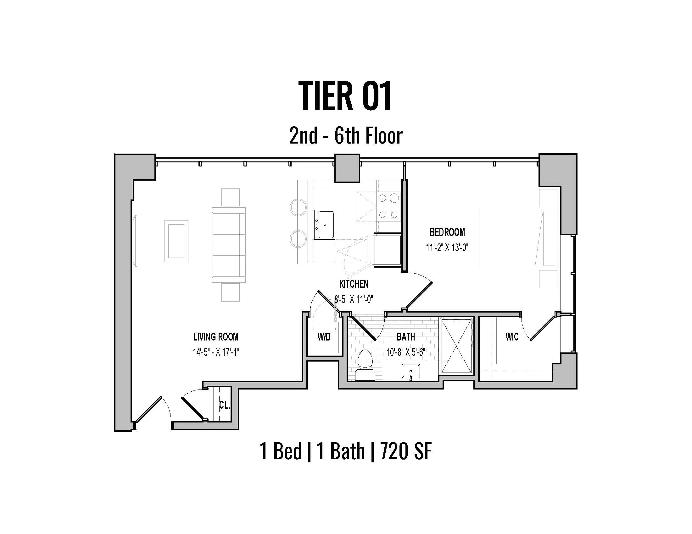 Floor plan for a one-bedroom, one-bath apartment measuring 720 square feet, with a living room, kitchen, bedroom, bathroom, walk-in closet, and laundry area. Location is on the second to sixth floors.