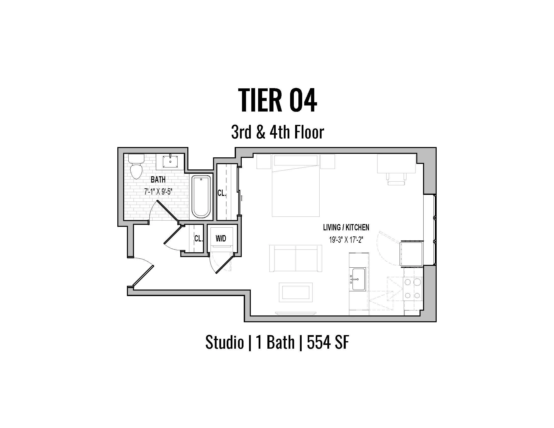 Floor plan of a studio apartment with one bathroom, living room, and kitchen. Label indicates 'TIER 04, 3rd & 4th Floor,' and the apartment is 554 square feet.