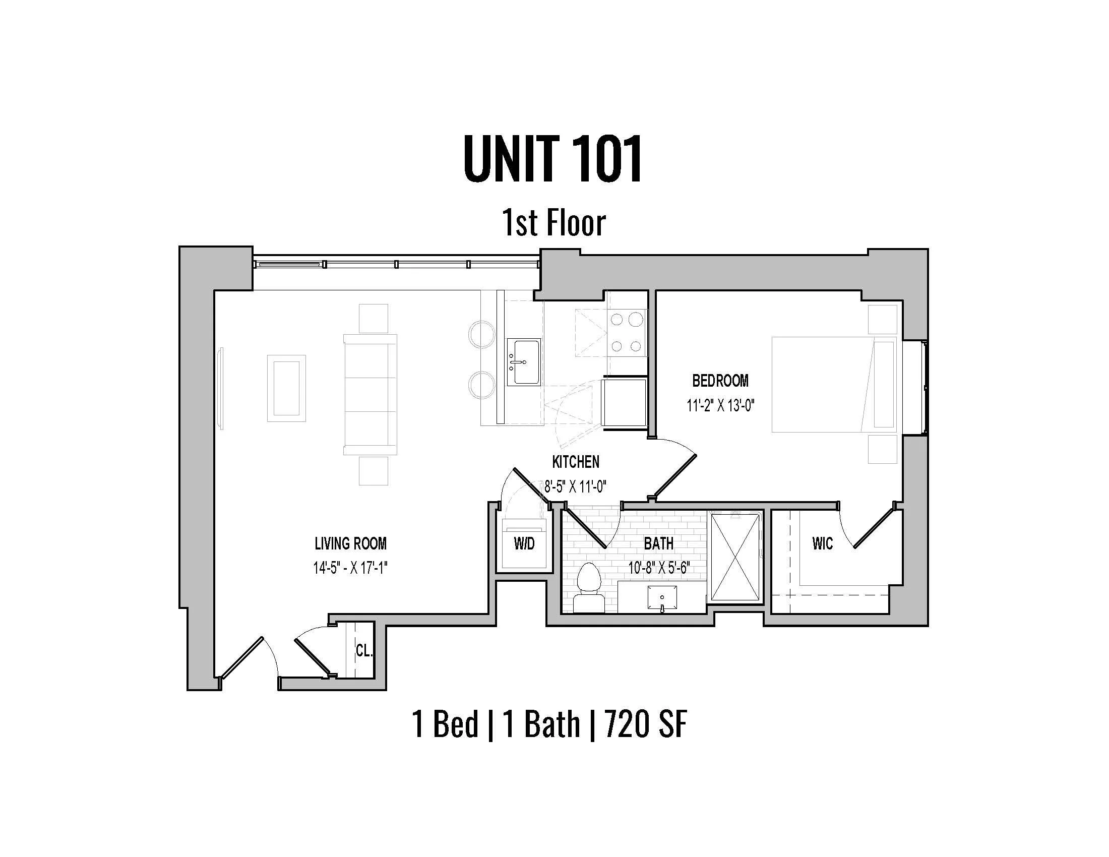 Floor plan of an apartment labeled Unit 101, 1 bedroom, 1 bathroom, 720 square feet, showing living room, kitchen, bedroom, bathroom, walk-in closet, and washer/dryer area.