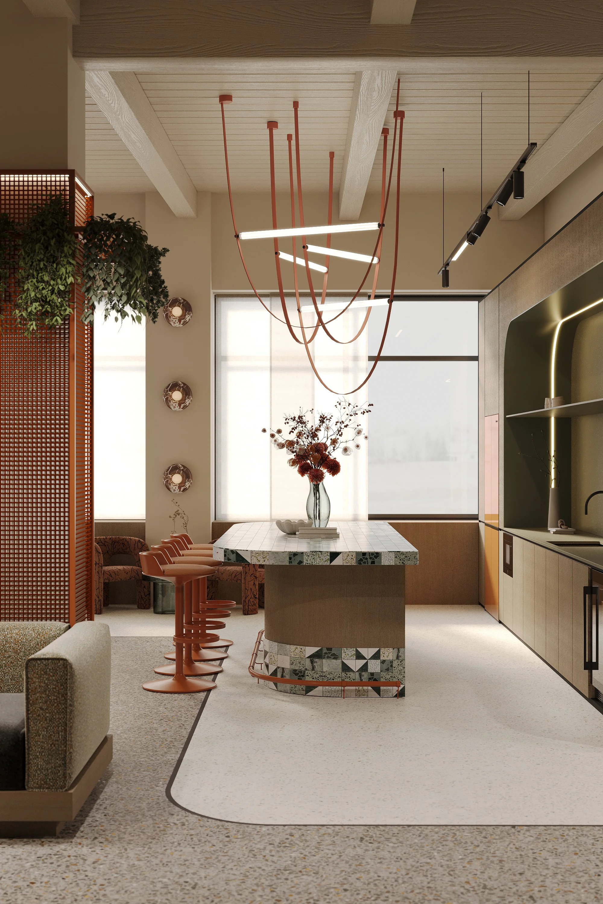 Modern kitchen and dining area with a central marble island, orange barstools, and a geometric pendant light fixture hanging from the ceiling. The space features a large window and contemporary decor with plants and wall art.