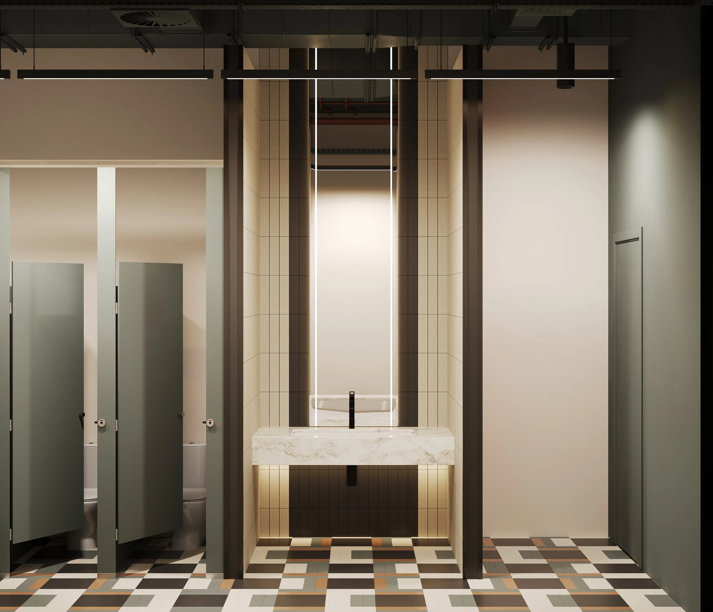 Public restroom with four toilet stalls on the left, a marble sink with a black faucet in the center, and a closed door on the right. The floor has a geometric tile pattern.