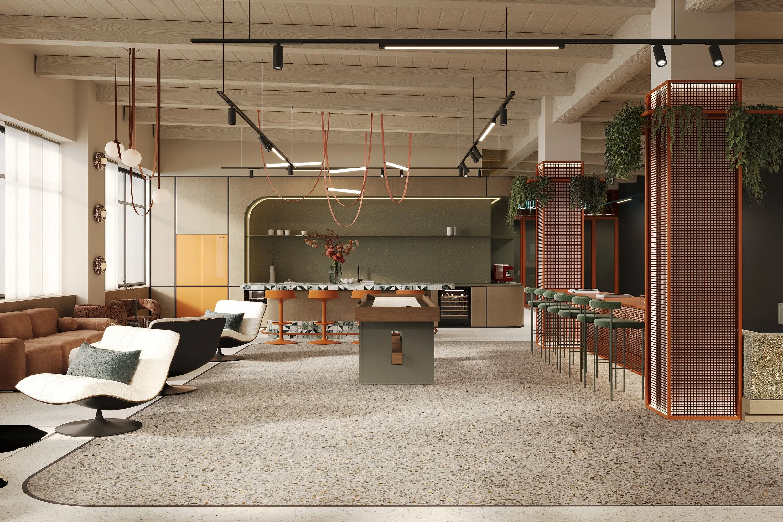 A modern, stylish kitchen and living area with colorful chairs, bar stools, a central island, and hanging pendant lights, decorated with plants and artwork.