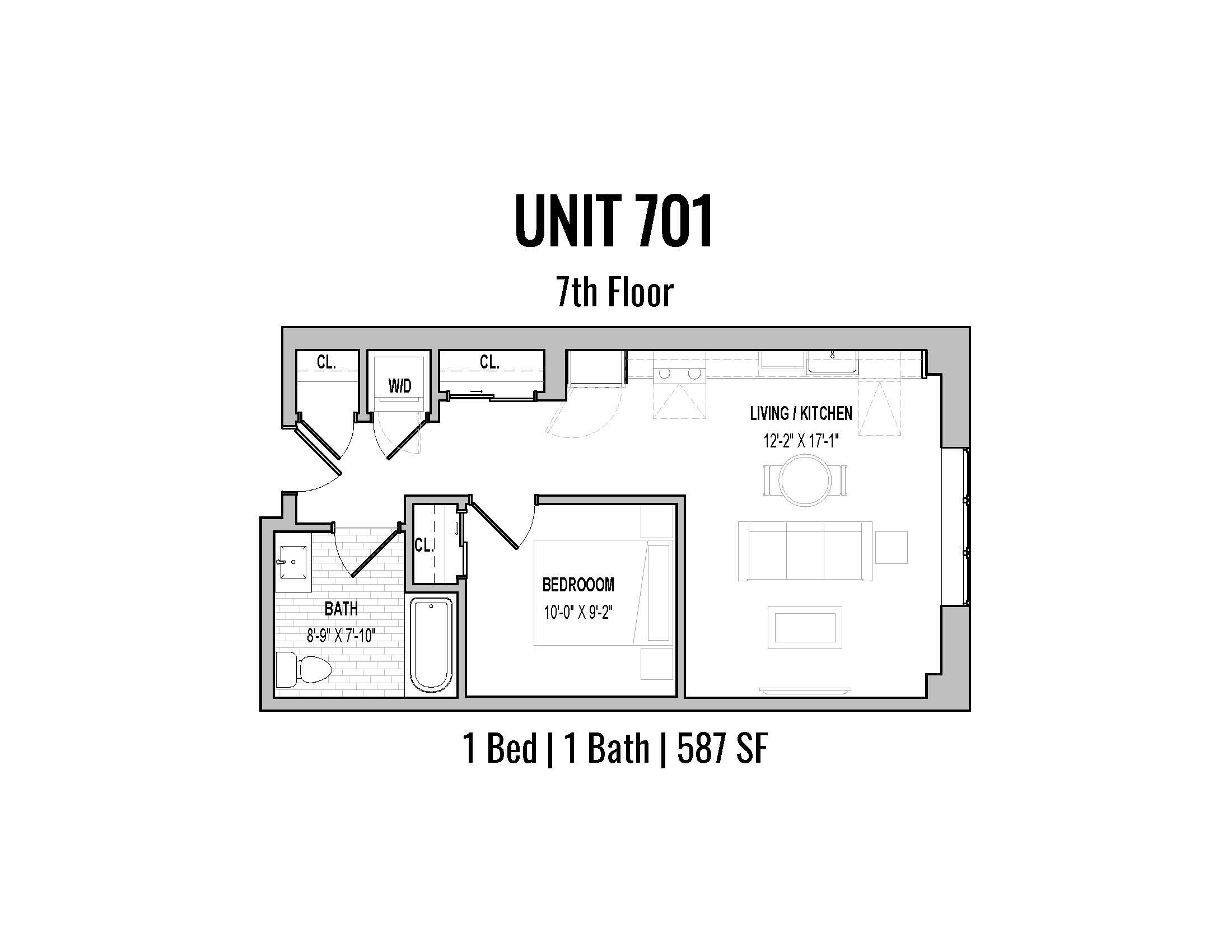 Floor plan of Unit 701, a one-bedroom, one-bath apartment on the 7th floor, measuring 587 square feet. The layout includes a living/kitchen area, bedroom, bathroom, and closets.