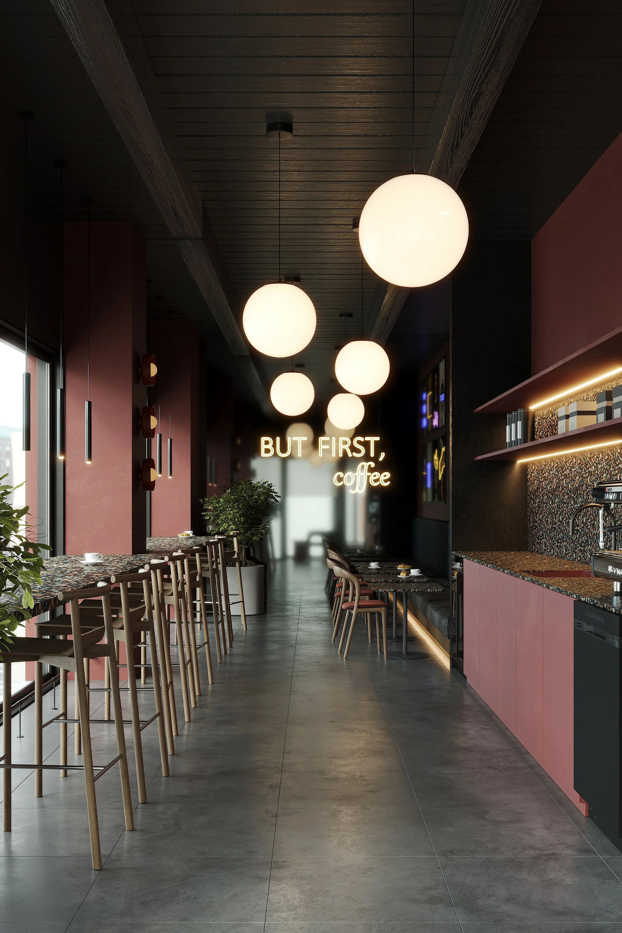 Interior of a modern coffee shop with hanging globe lights, bar-height tables with barstools, and a neon sign that says 'BUT FIRST, coffee' on the back wall.