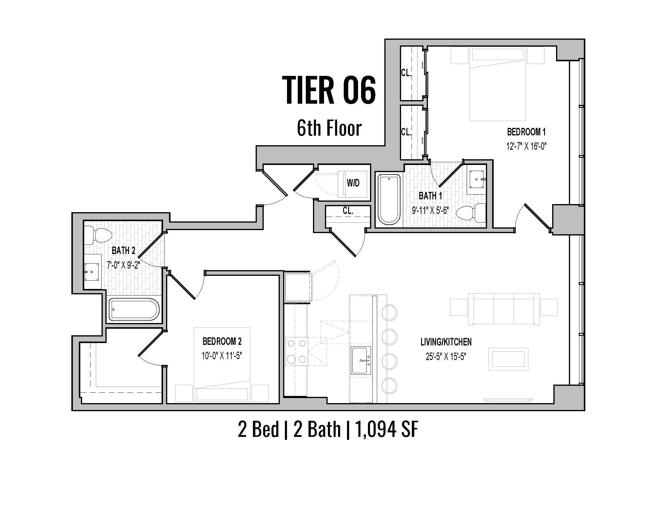 Floor plan of a 2-bedroom, 2-bath apartment on the 6th floor, showing layout with living room, kitchen, bedrooms, and bathrooms.