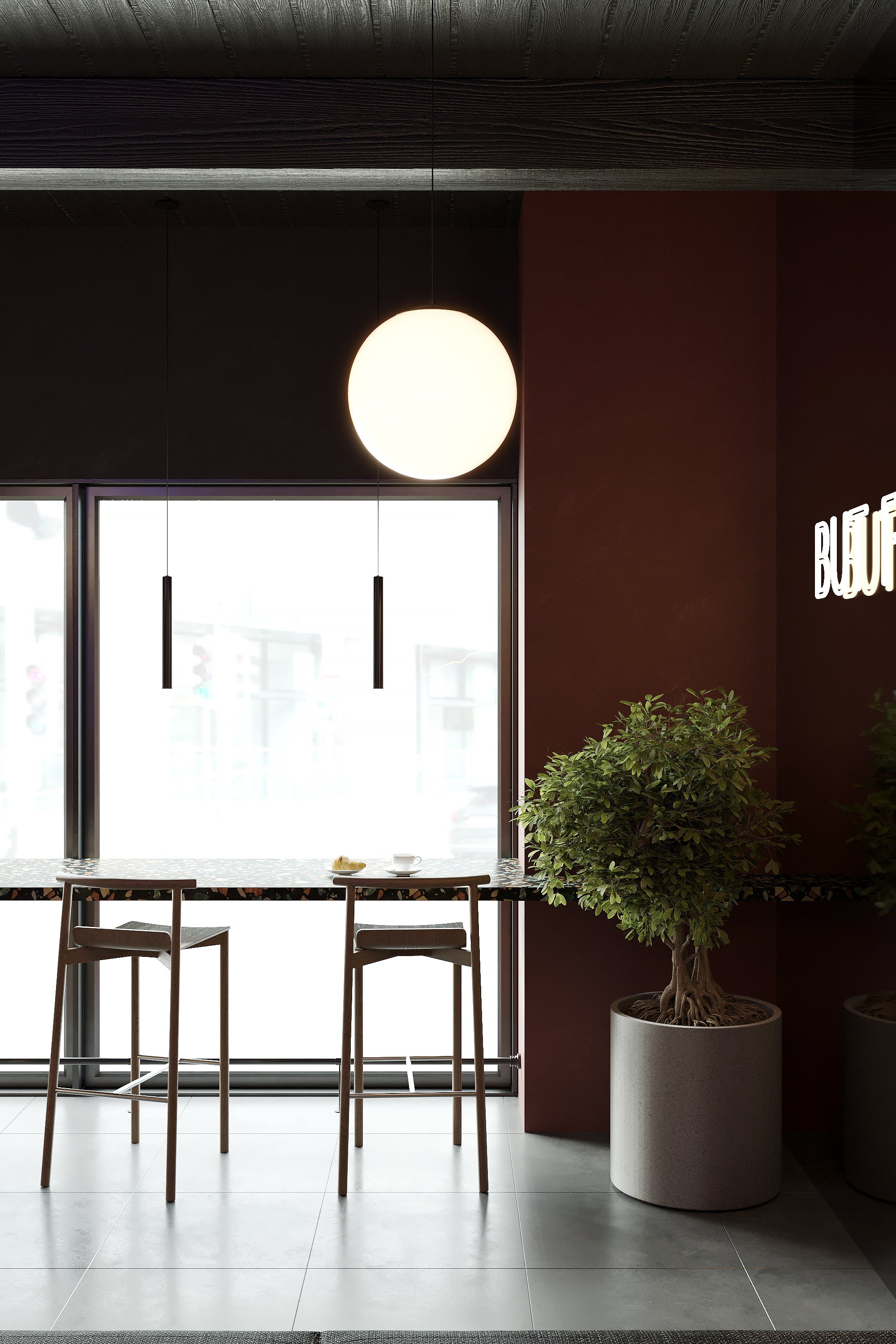 Modern cafe interior with a round pendant light, two barstools at a marble counter, large window, potted plant, and part of a neon sign on the wall.