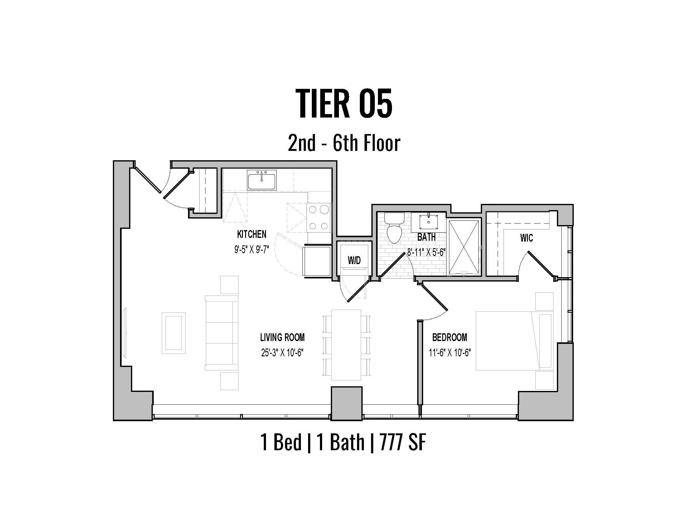 Floor plan of a one-bedroom, one-bathroom apartment on the 2nd to 6th floors, labeled as Tier 05, with dimensions for the kitchen, living room, bedroom, and bathroom, including a walk-in closet and washer/dryer area, totaling 777 square feet.