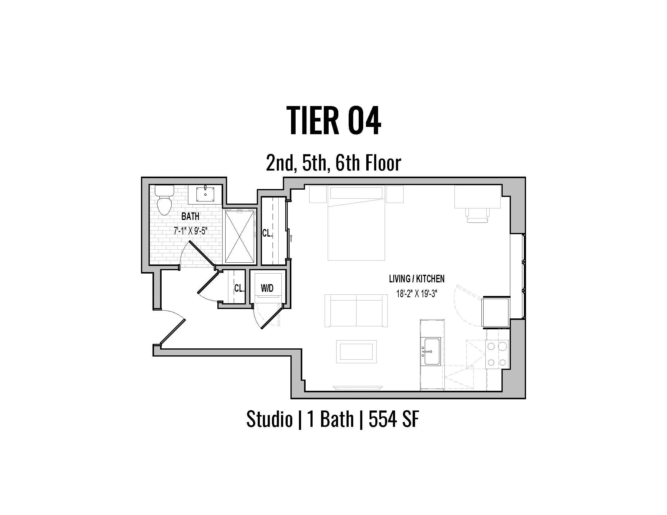Floor plan of a studio apartment with one bathroom, living/kitchen area, and closets, labeled as Tier 04 on 2nd, 5th, and 6th floors, measuring 554 square feet.