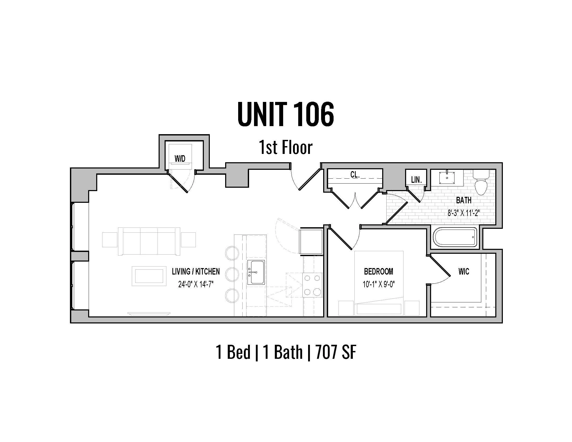 Floor plan of a one-bedroom, one-bath apartment labeled Unit 106, 707 square feet. It includes a living room and kitchen area measuring 24x14.7 feet, a bedroom measuring 10.1x9 feet, a bathroom, a walk-in closet, and a laundry area with washer and dr
