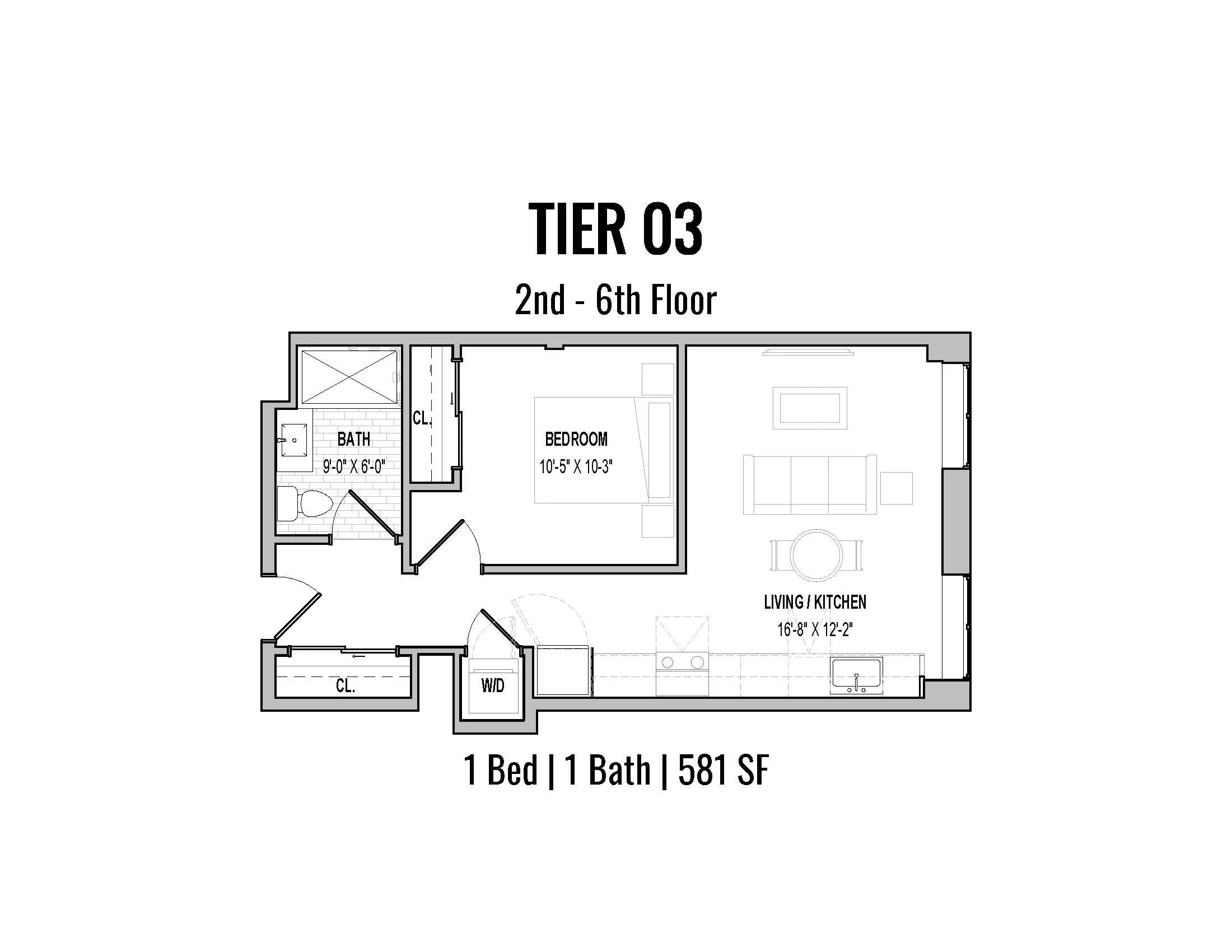Floor plan of Tier 03, a 2nd to 6th floor one-bedroom, one-bath apartment with 581 square feet. It includes a living/kitchen area, bedroom, bathroom, closet, and washer/dryer.