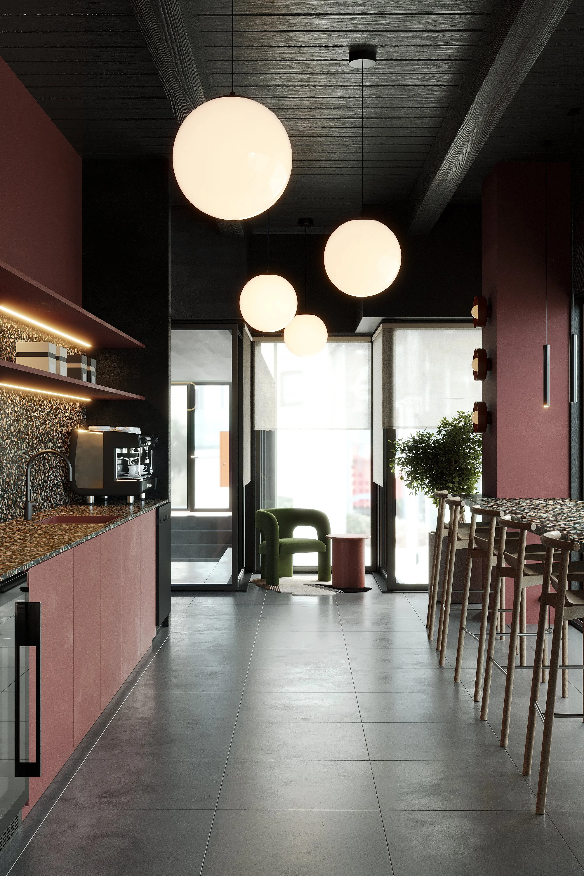 Modern cafe or lounge interior with round pendant lights, bar-height wooden chairs, a small round table, a green armchair, and large glass doors.