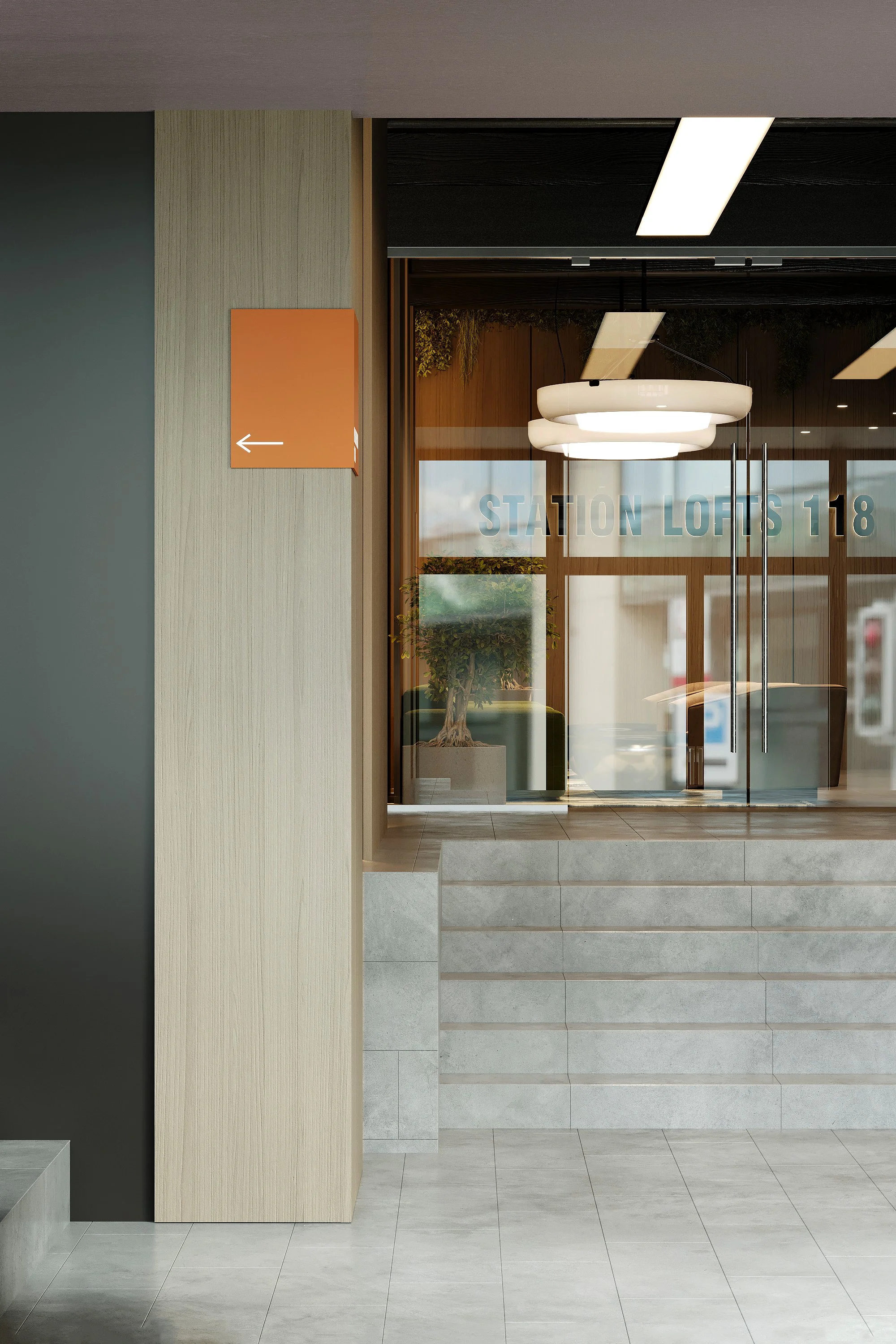Modern interior with concrete steps leading to a glass door labeled 'Station Lofts 118,' potted plant, and ceiling lights.