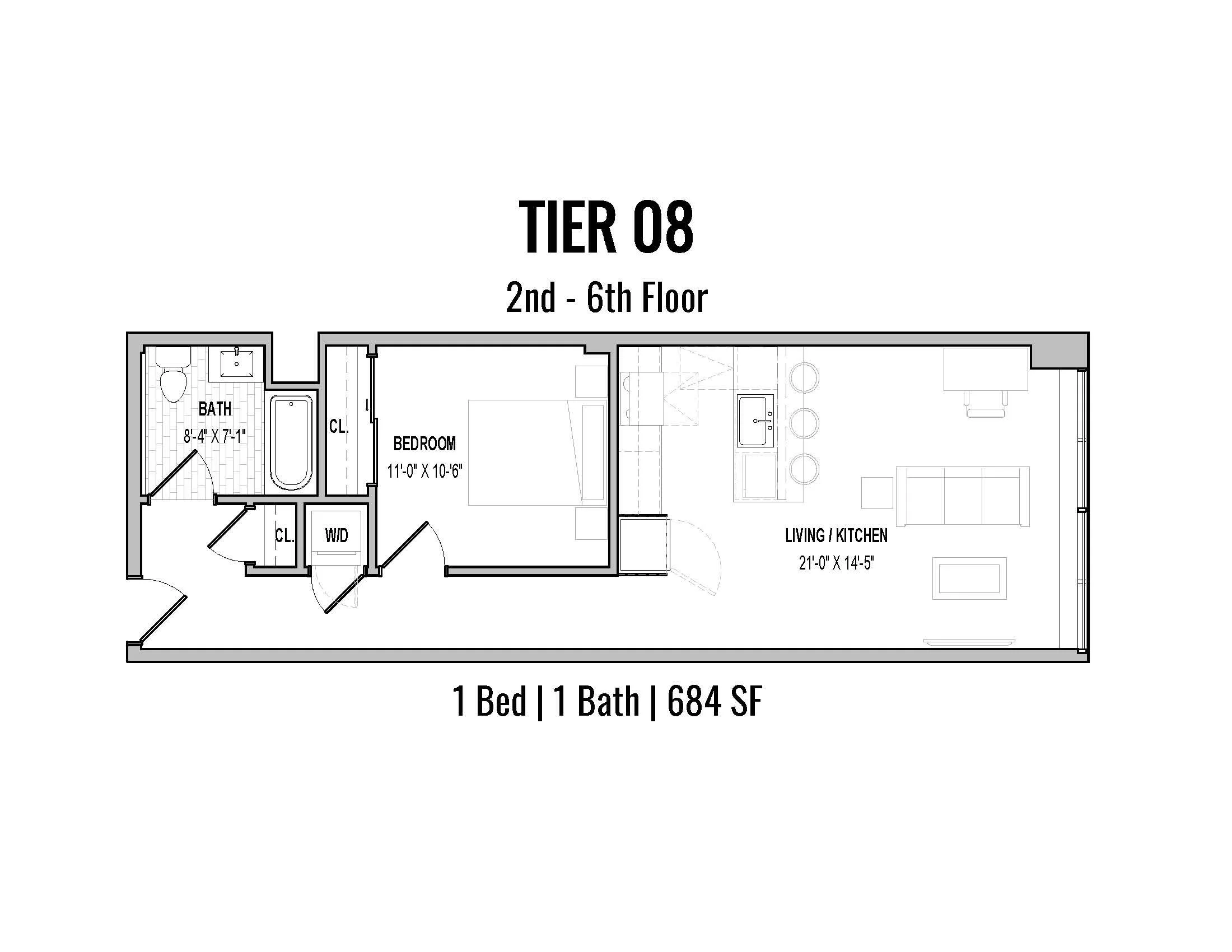 Floor plan for tier 08, a one-bedroom apartment with one bathroom, located on the 2nd through 6th floors, with a total of 684 square feet. Includes a bedroom, bathroom, living and kitchen area, and closet spaces.