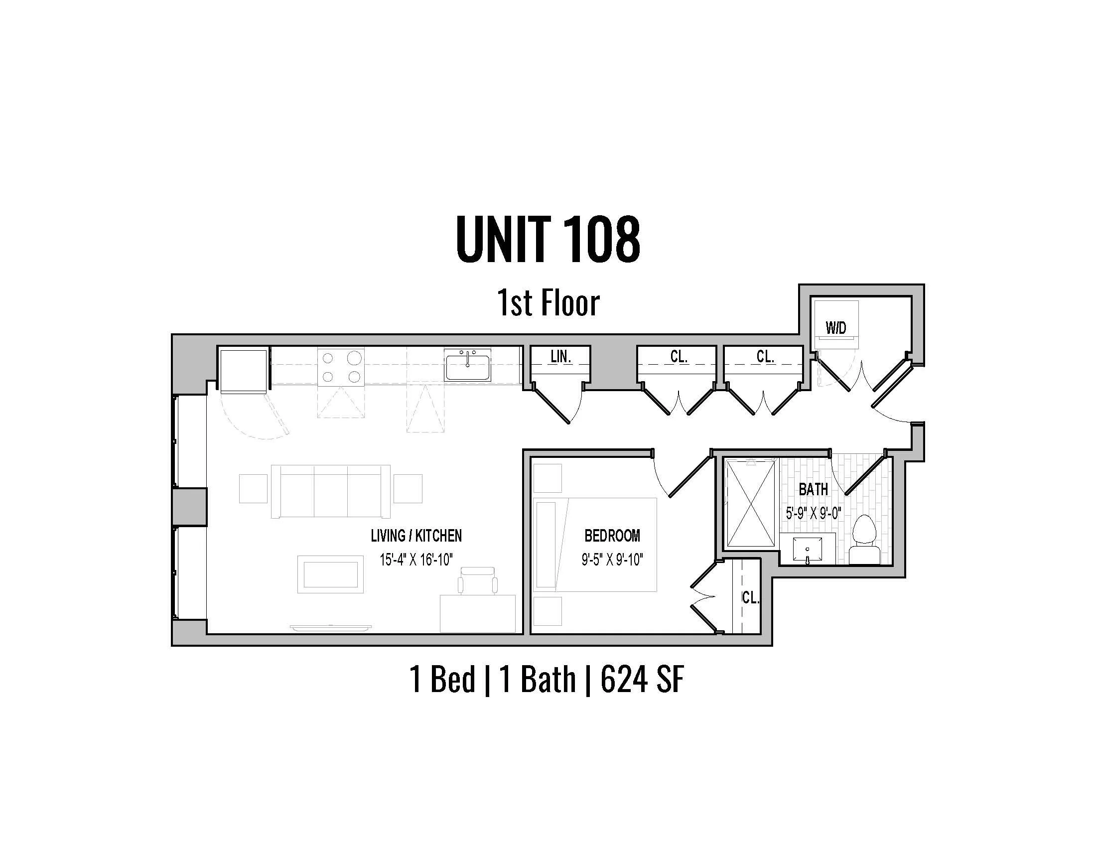 Floor plan of Unit 108 with 1 bedroom, 1 bathroom, living room, kitchen, closet, linen closet, washer and dryer, and labeled dimensions.