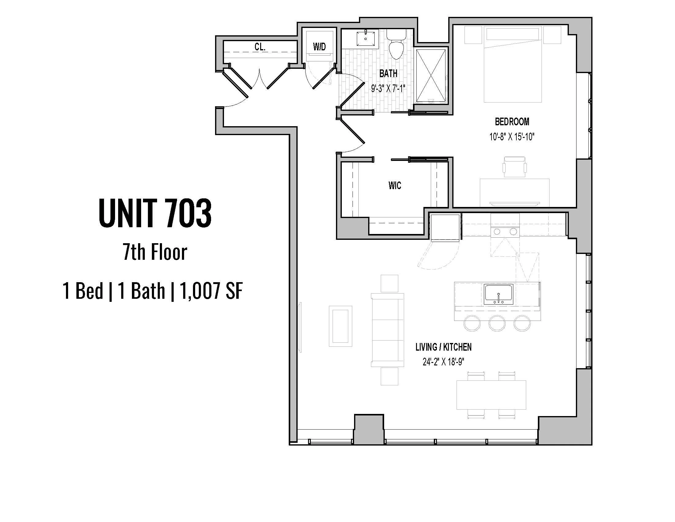 Floor plan of an apartment unit 703 on the 7th floor, showing a living room, kitchen, bedroom, bathroom, walk-in closet, and utility closet