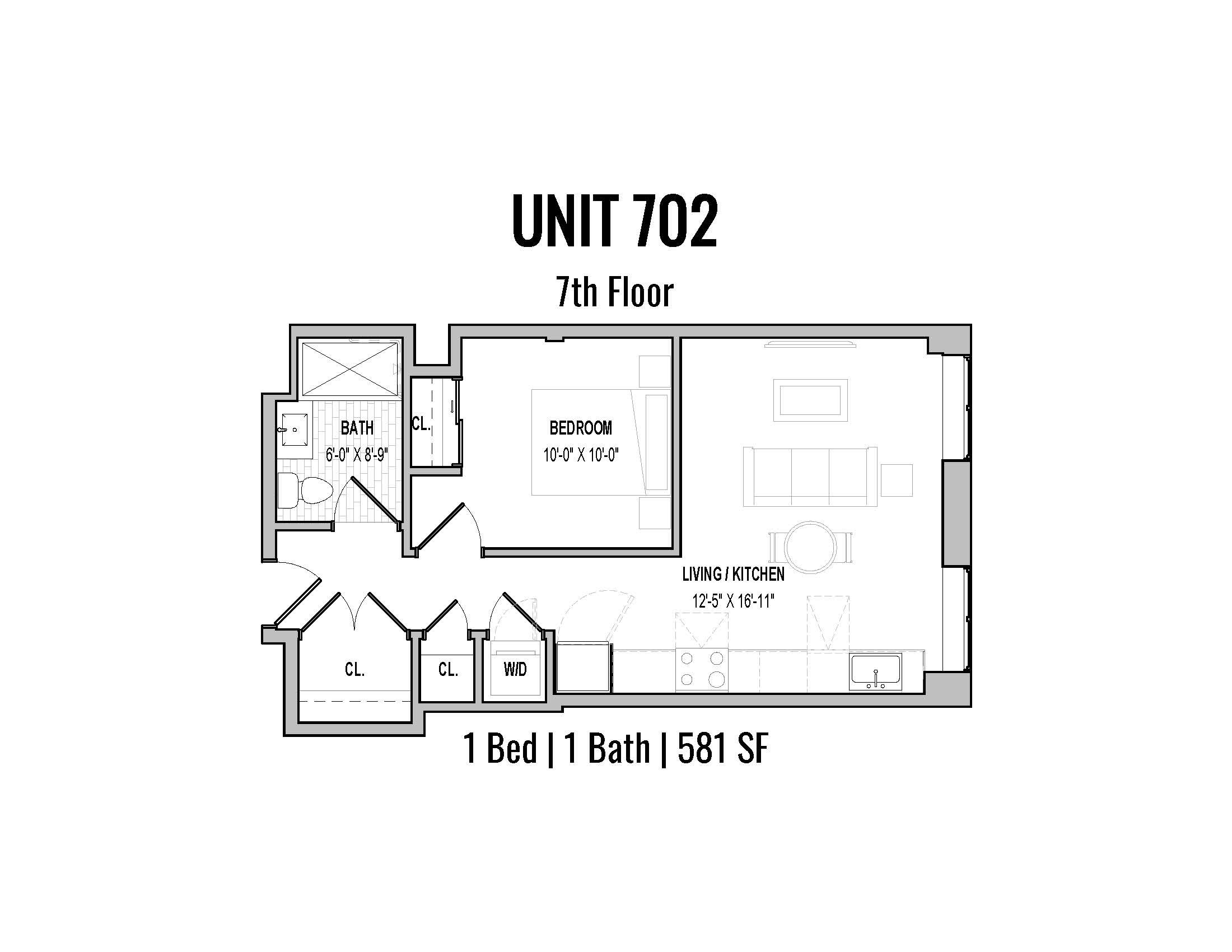 Floor plan for unit 702, a 1-bedroom, 1-bath apartment on the 7th floor, measuring 581 square feet, with an open living room and kitchen area, bedroom, bathroom, and closets.