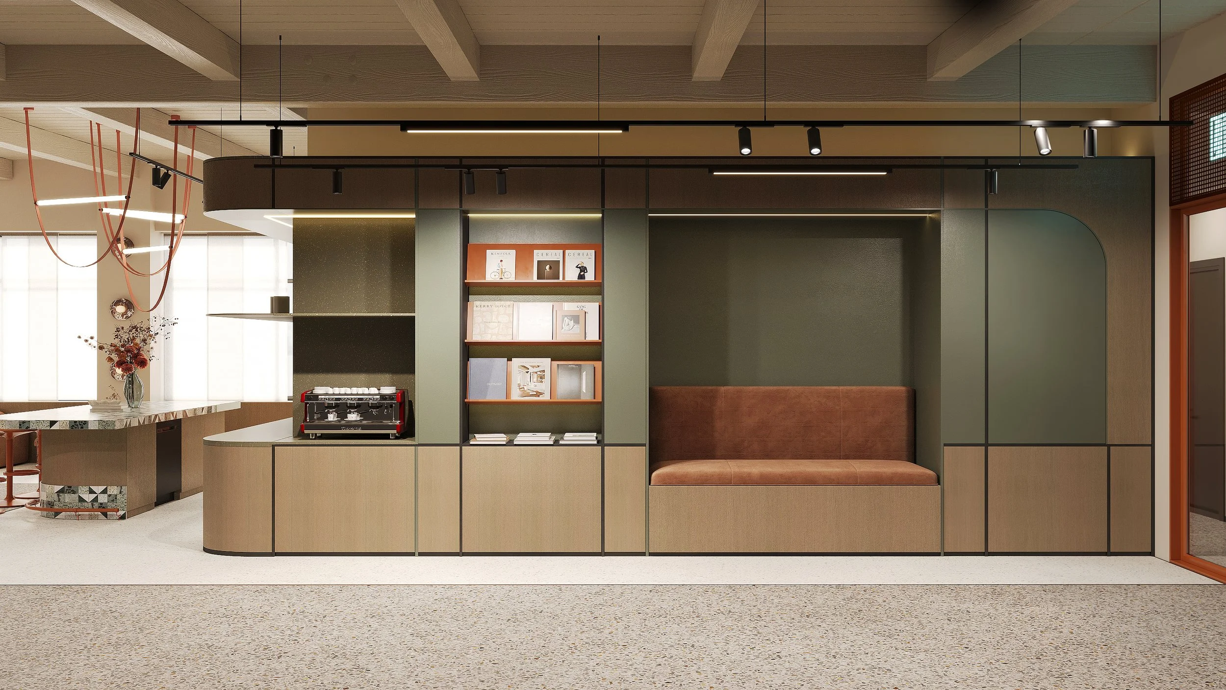 Top Floor Amenity Lounge view showing the entry area built-in bookshelf.