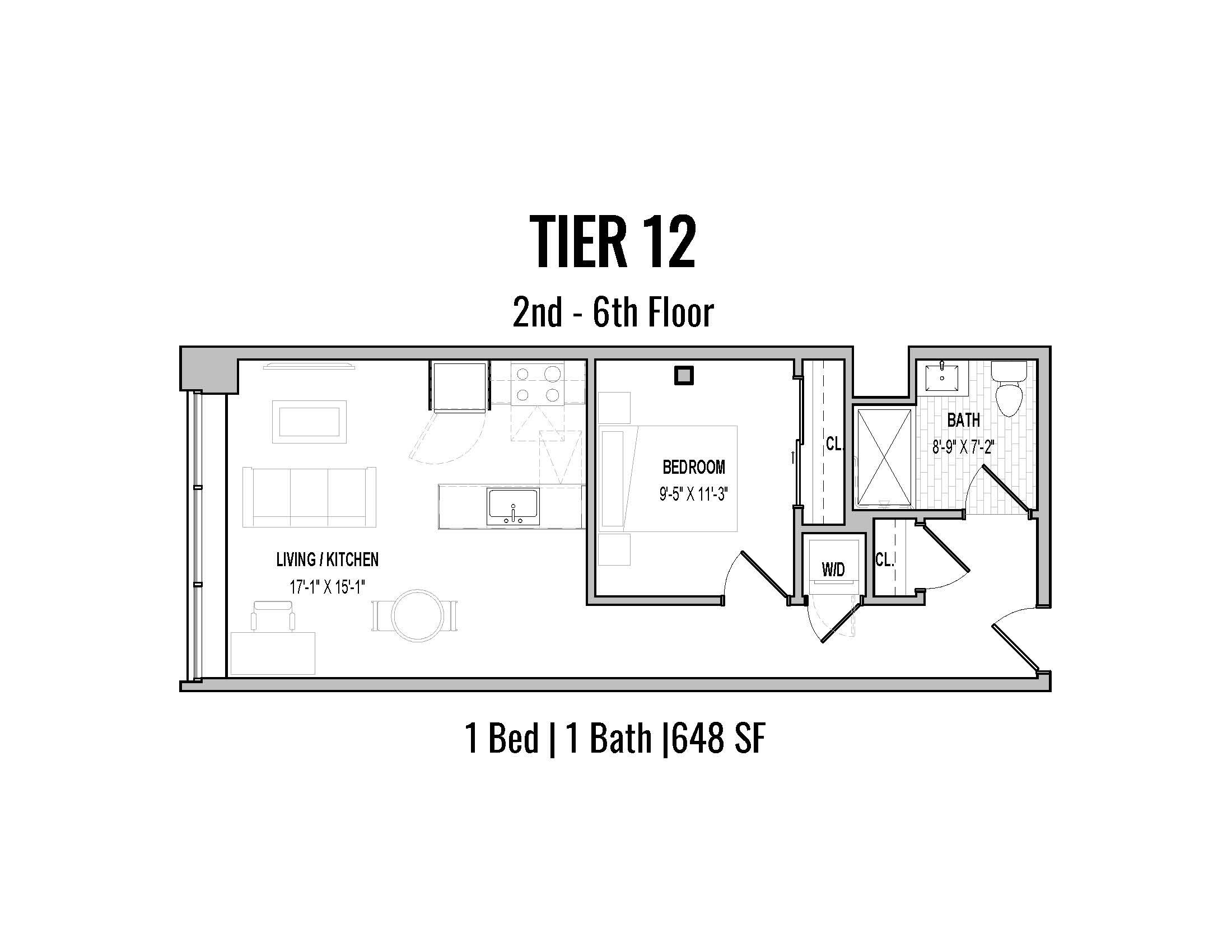 Floor plan of a 1-bedroom, 1-bath apartment on the 2nd to 6th floor, totaling 648 square feet, with a living room and kitchen area, bedroom, bathroom, closet, and washer/dryer area.
