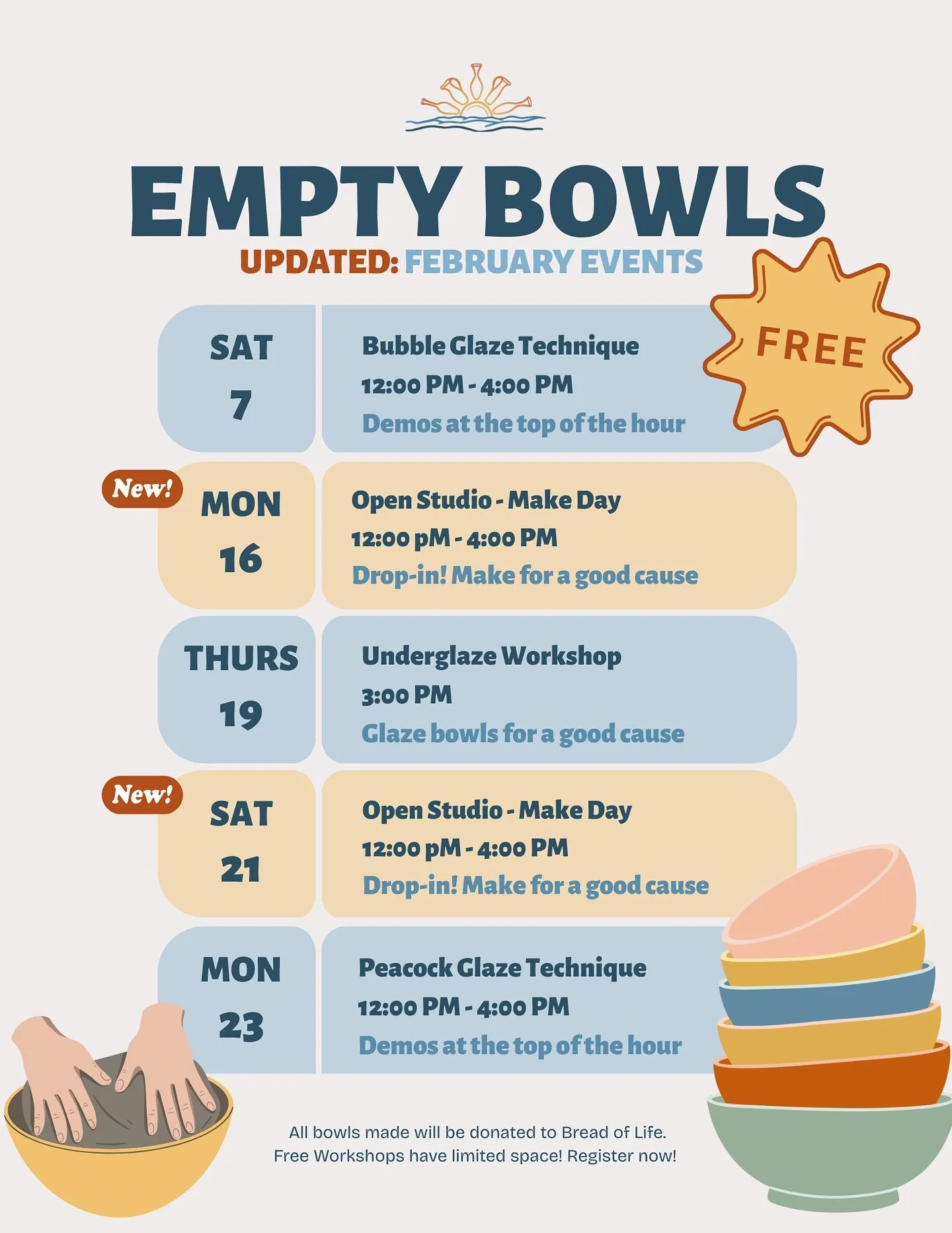 Here are the UPDATED Empty Bowls February events! ❄️

Free workshops &mdash; all bowls support The Bread of Life. Make or glaze bowls to feed our community!

&bull; Feb 7 &mdash; Bubble Glaze Technique (12&ndash;4pm)
&bull; Feb 16 &mdash; Open Studio