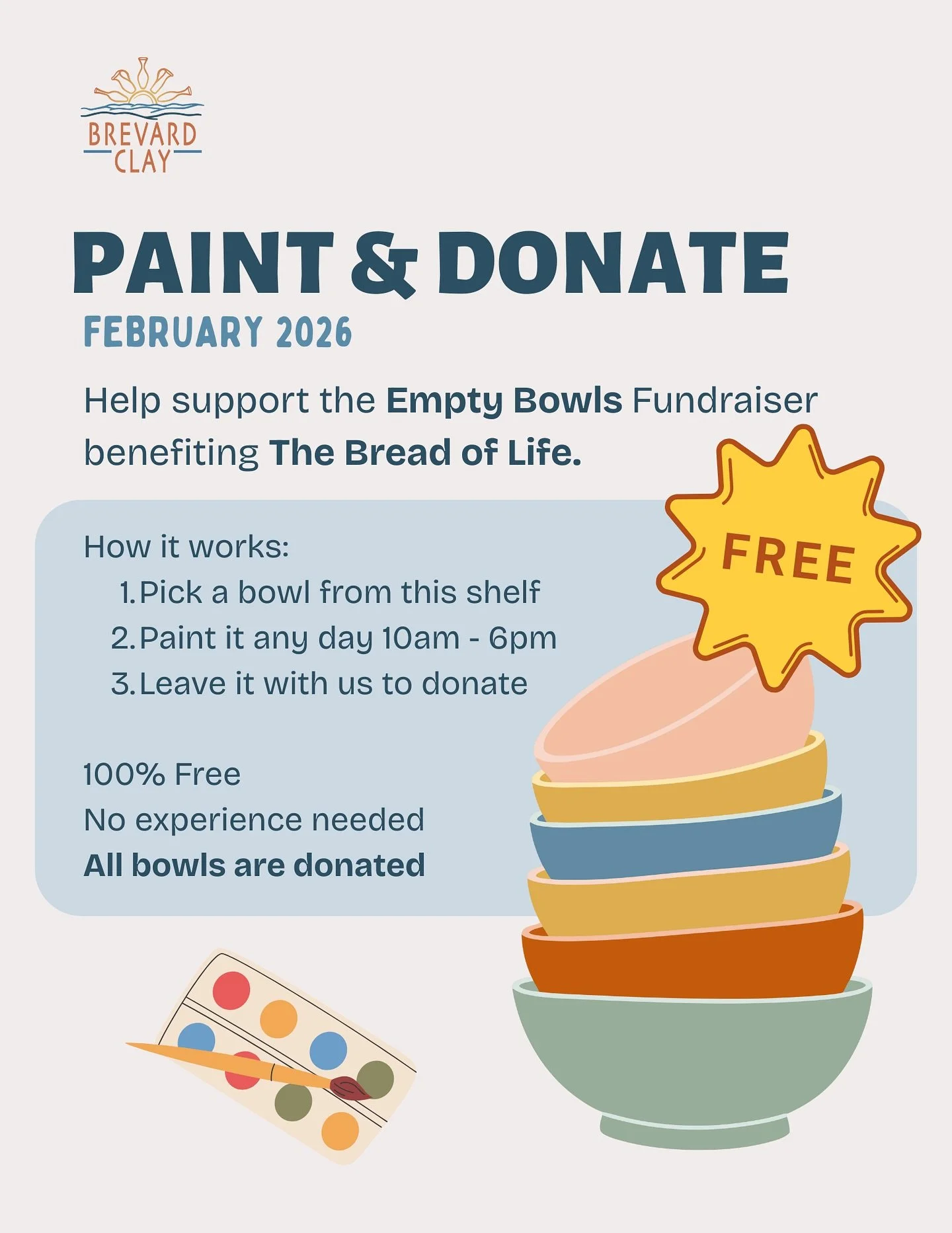 Friendly Reminder! Everyday from 10am - 6pm, paint bowls for free from our designated shelf. All bowls will be donated to @breadoflifetc. 

For groups larger than 8, please RSVP!