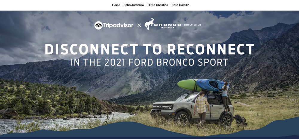A promotional webpage for the 2021 Ford Bronco Sport, featuring a family with kayaks preparing by their SUV in a mountainous, outdoor setting.