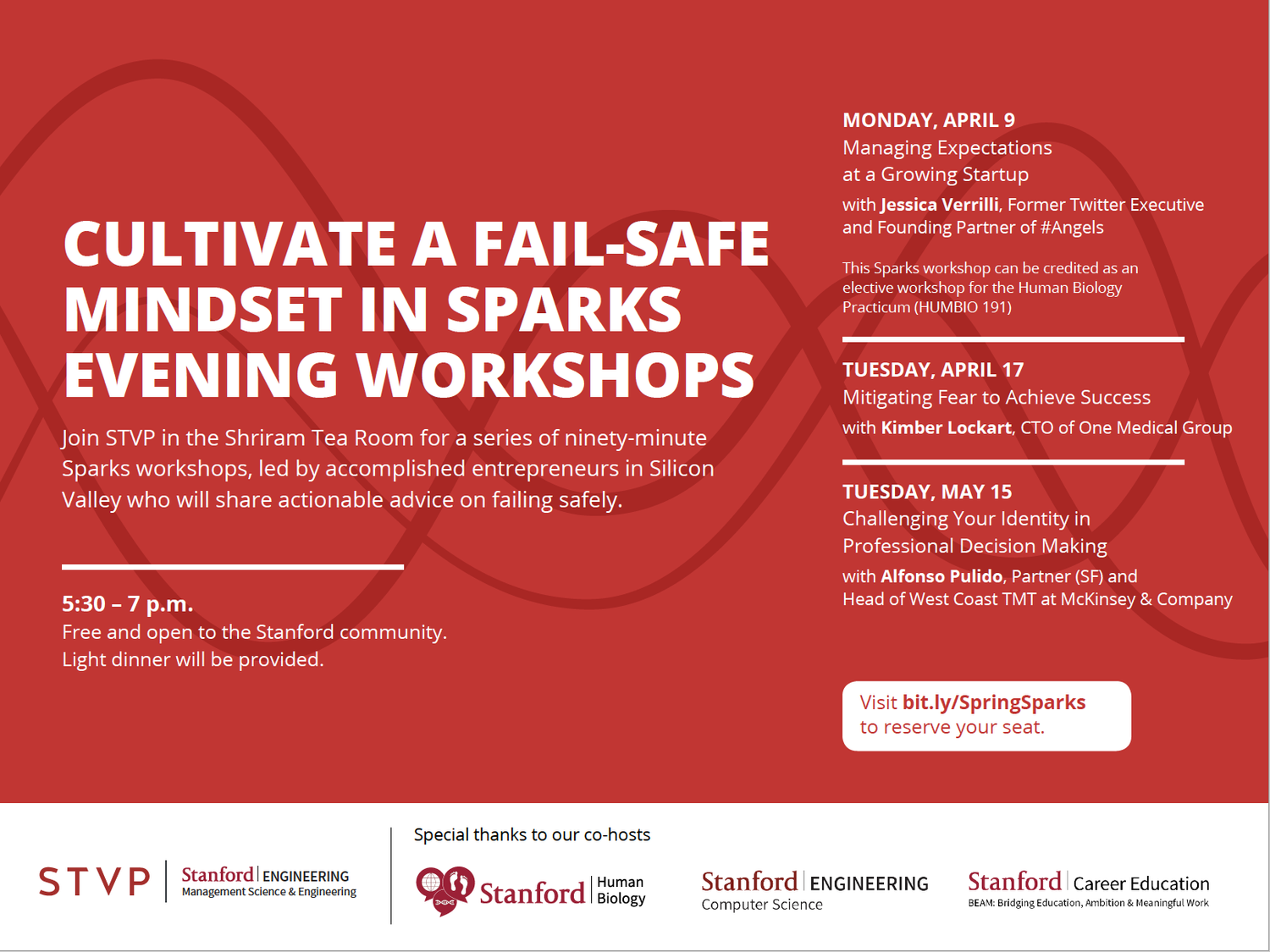 Event poster for 'Cultivate a Fail-Safe Mindset in Sparks Evening Workshops' at Stanford, featuring dates April 9, April 17, and May 15, with workshop topics and speakers, hosted in the Shriram Tea Room, with details for reservations and sponsors.