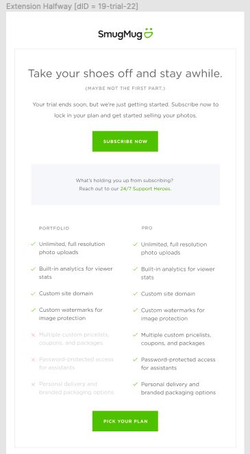 Screenshot of SmugMug subscription plans page with options for Portfolio and Pro, highlighting features like unlimited photo uploads, custom domain, custom watermarks, and password protection, with green buttons to subscribe or pick a plan.