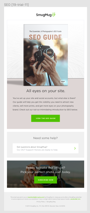 Screenshot of an email marketing page for SmugMug promoting an SEO photography guide PDF and subscription options.