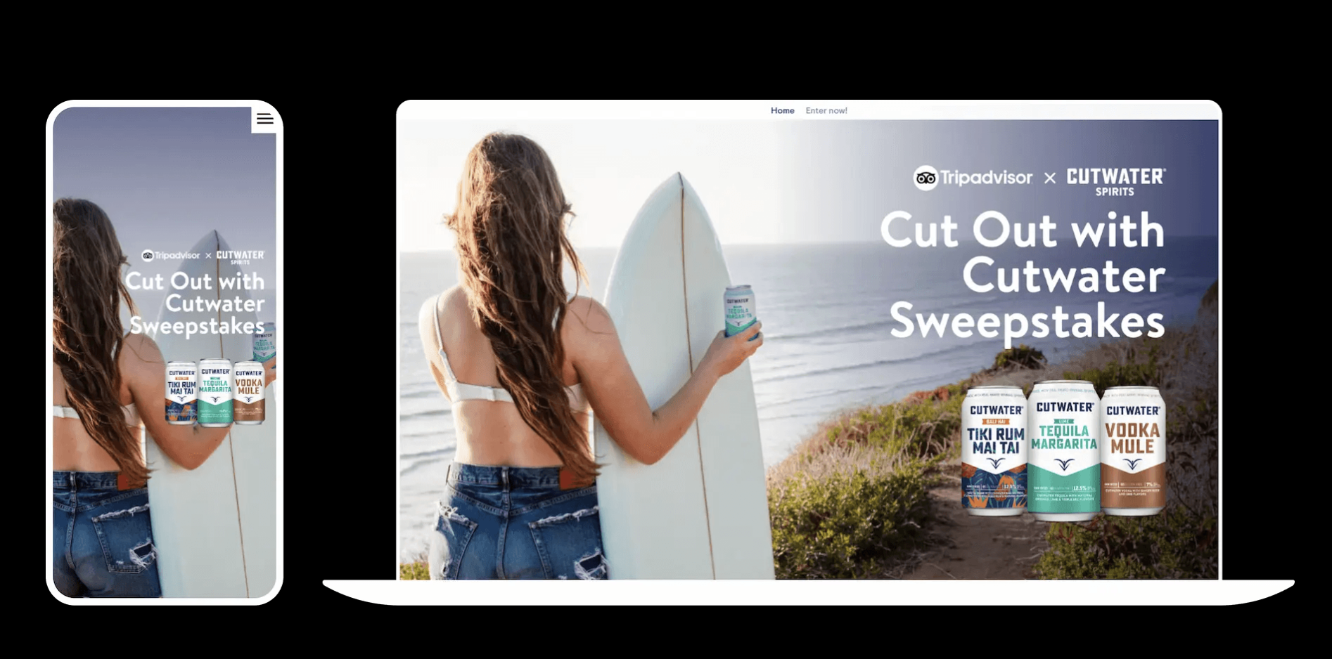 A woman holds a drink can while facing the ocean on a beach. There are three cans of Cutwater spirits in front of her, advertising a sweepstakes in collaboration with TripAdvisor.