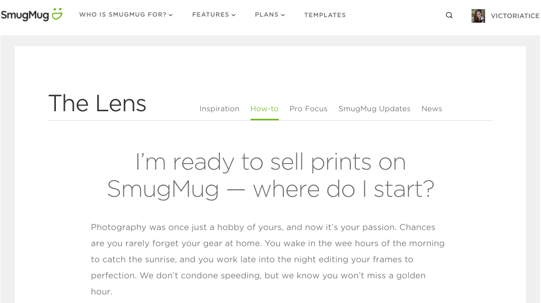 Screenshot of a webpage titled 'The Lens' from SmugMug, providing a guide on how to start selling prints, with a paragraph about photography as a passion.