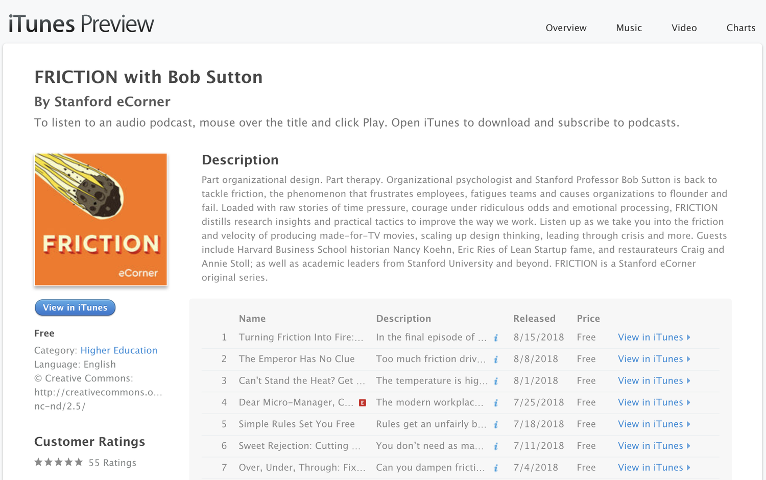 iTunes Preview page for 'FRICTION with Bob Sutton' podcast, showing podcast details, episode list, and an orange cover art with a black and yellow illustration of a meteoroid hitting earth.
