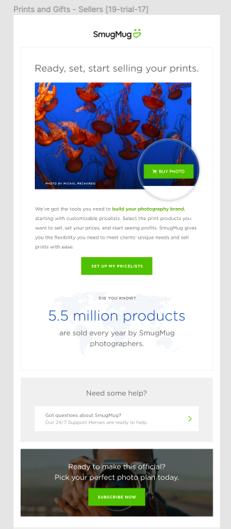 Screenshot of SmugMug's webpage promoting photography prints and gifts, featuring an underwater photo of orange jellyfish against a blue background.