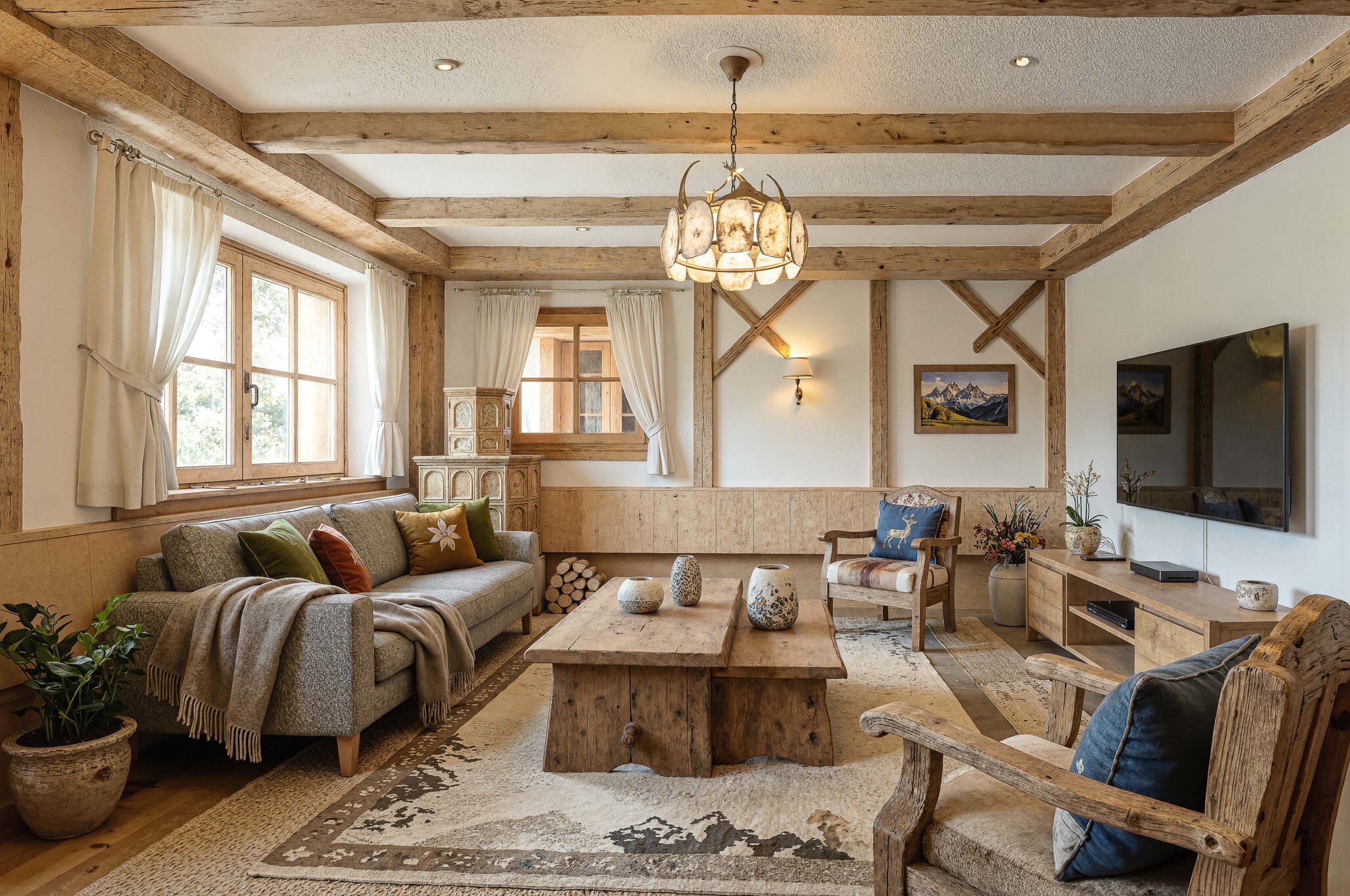 Soggiorno con mobili rustici, divano, poltrona, tavolo in legno, televisore, decorazioni naturali e vista delle montagne dipinta su quadro.