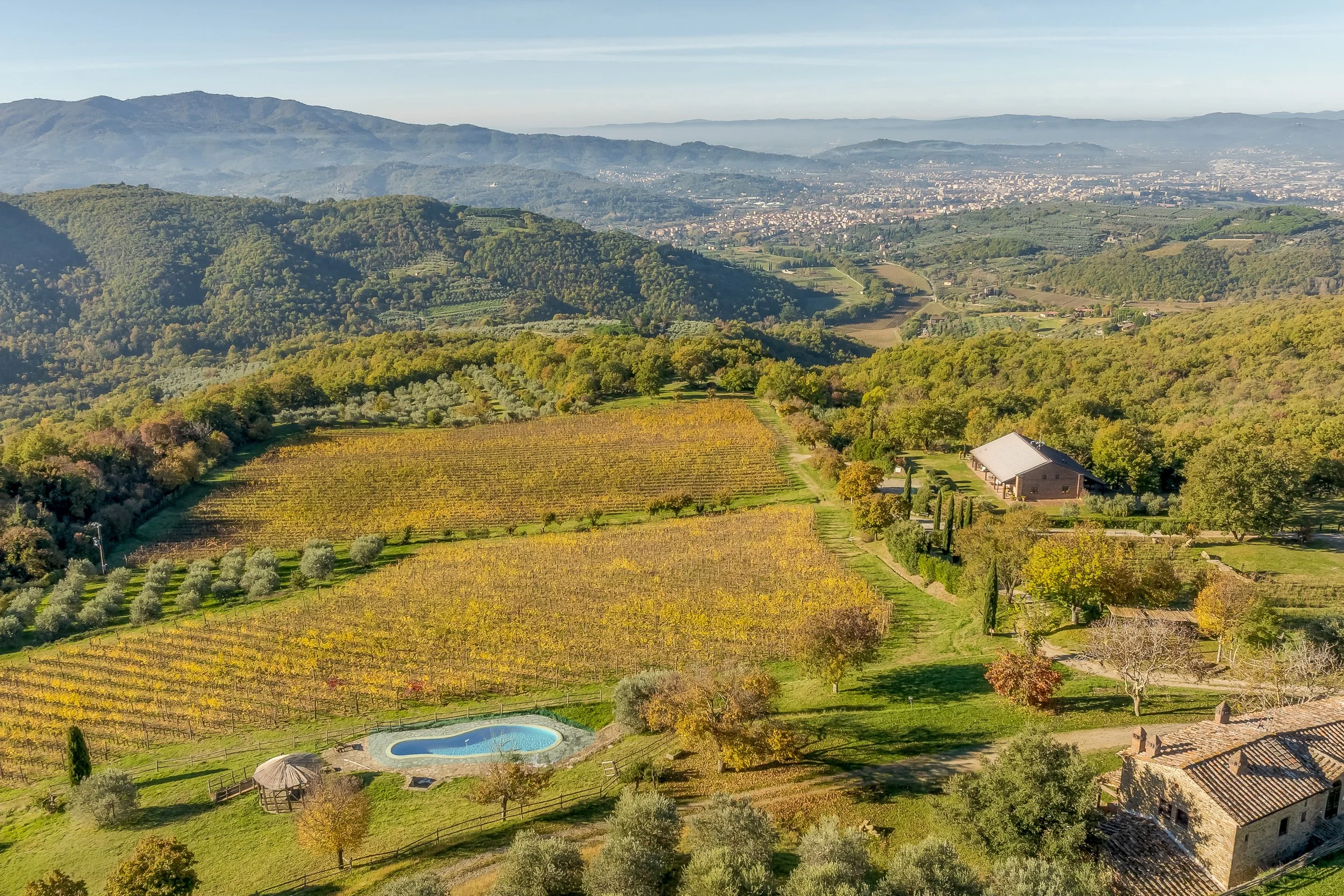 Paesaggio collinare con vigneti in autunno, piscina, strutture in pietra, alberi colorati e un edificio, con montagne sullo sfondo.
