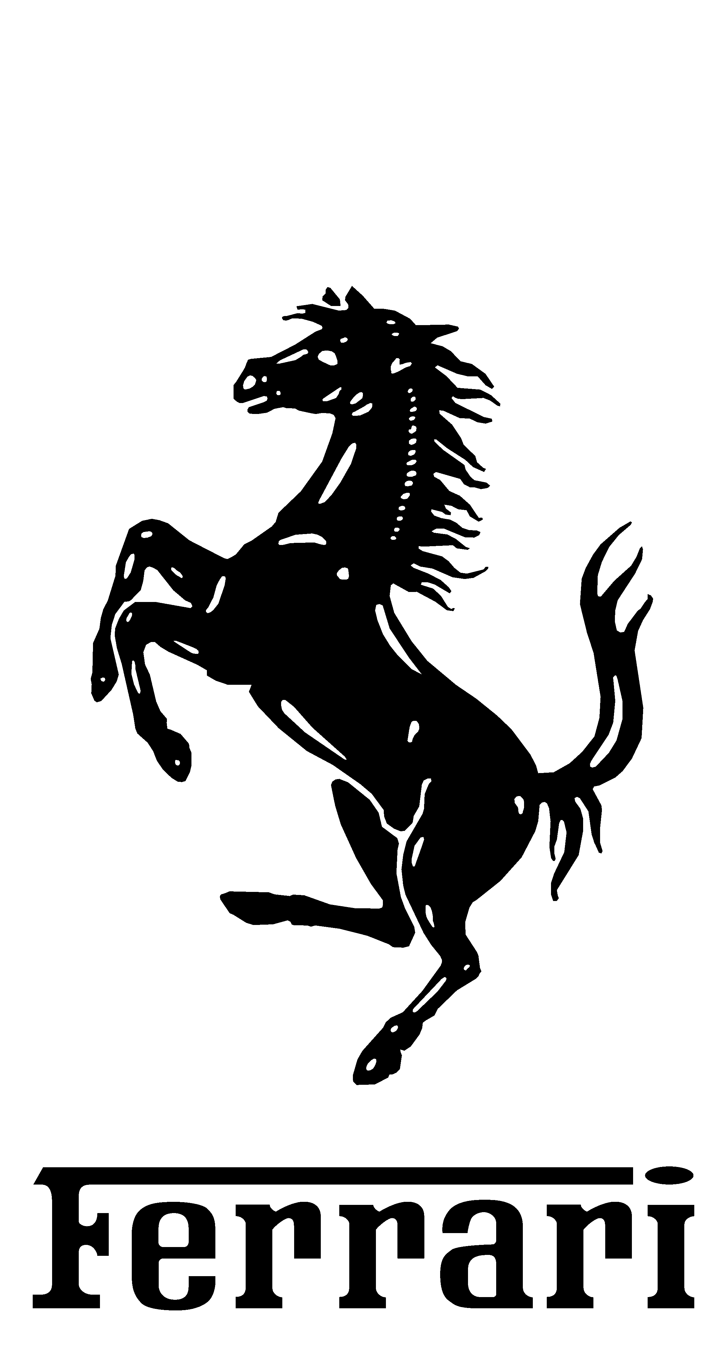 Logo nero di un cavallo rampante con la scritta 'Ferrari' sotto.