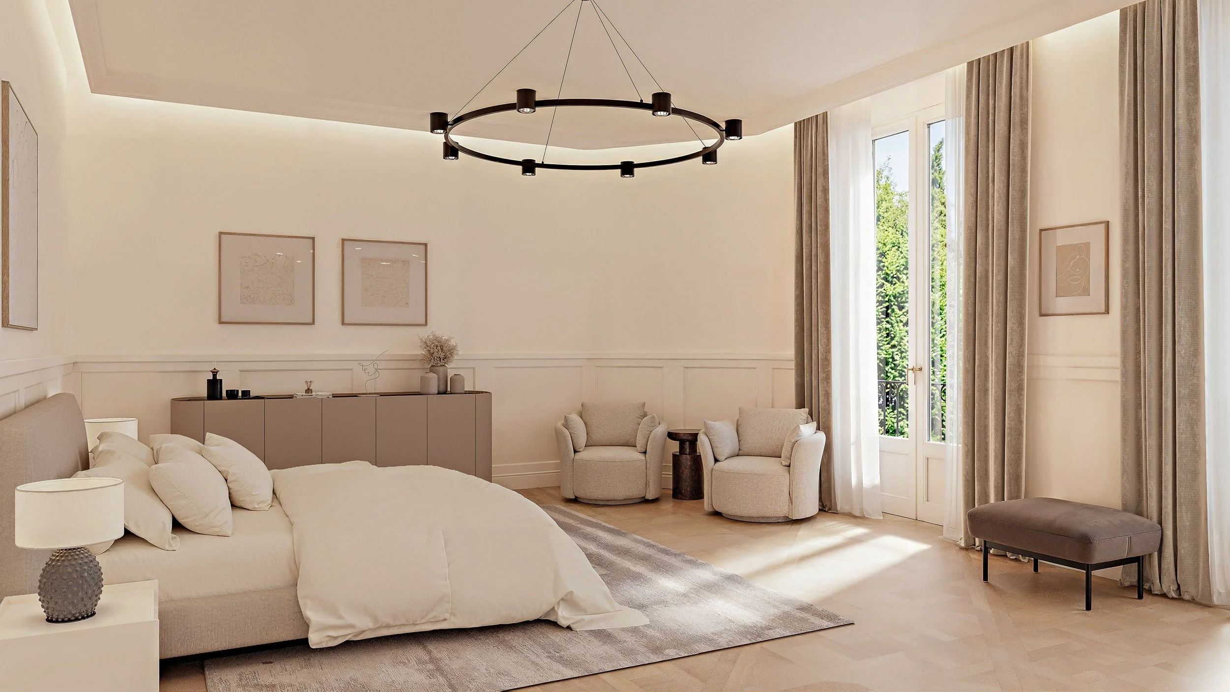 Render 3D di interni per hotel e resort, vista dall'altro, vista lago di Como, interno hotel di lusso, camera suite