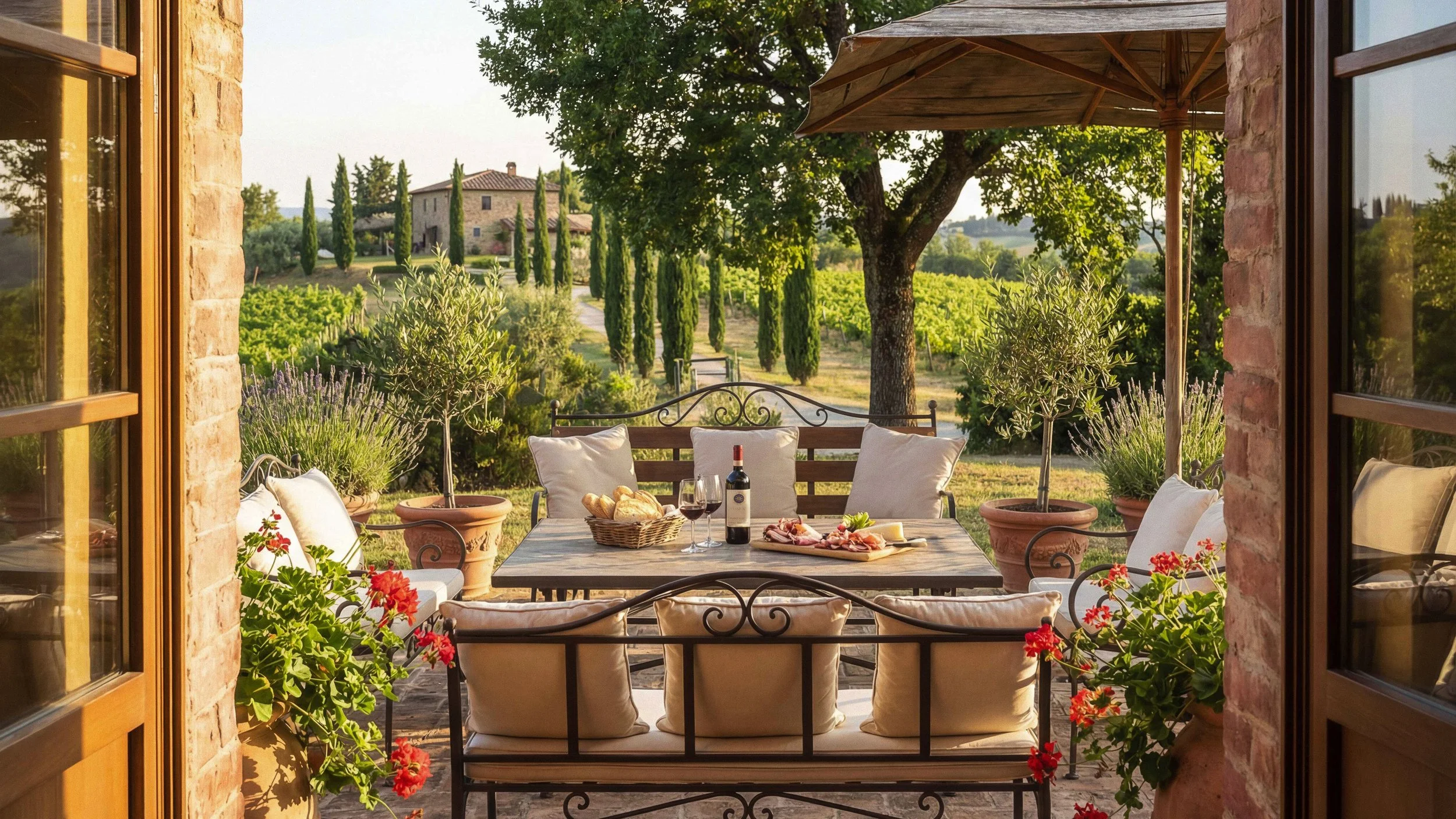 Fotografo per agriturismi nel Chianti. Fotografia professionale per strutture ricettive in Chianti e Toscana. Foto della campagna del Chianti, aperitivo al tramonto.