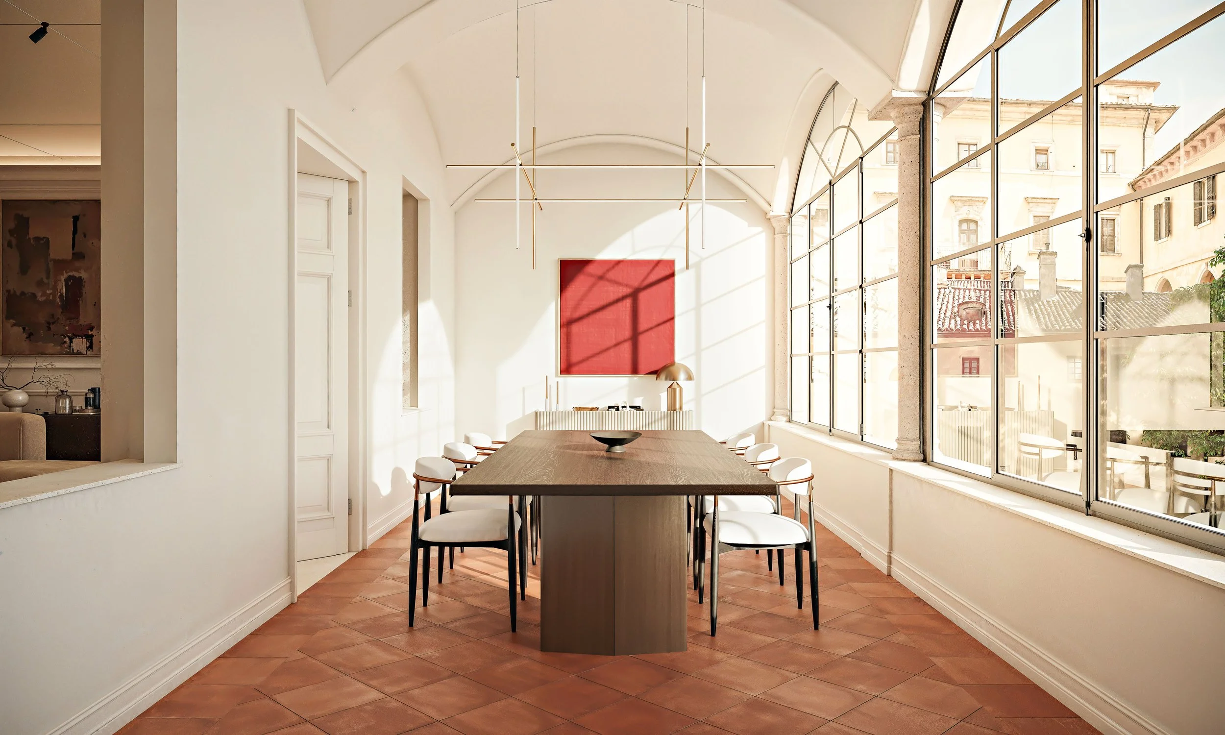 Render 3D immobiliare, modelling e rendering 3D professionale per studi di architettura, agenzie immobiliari e developer. Sala pranzo con loggiato