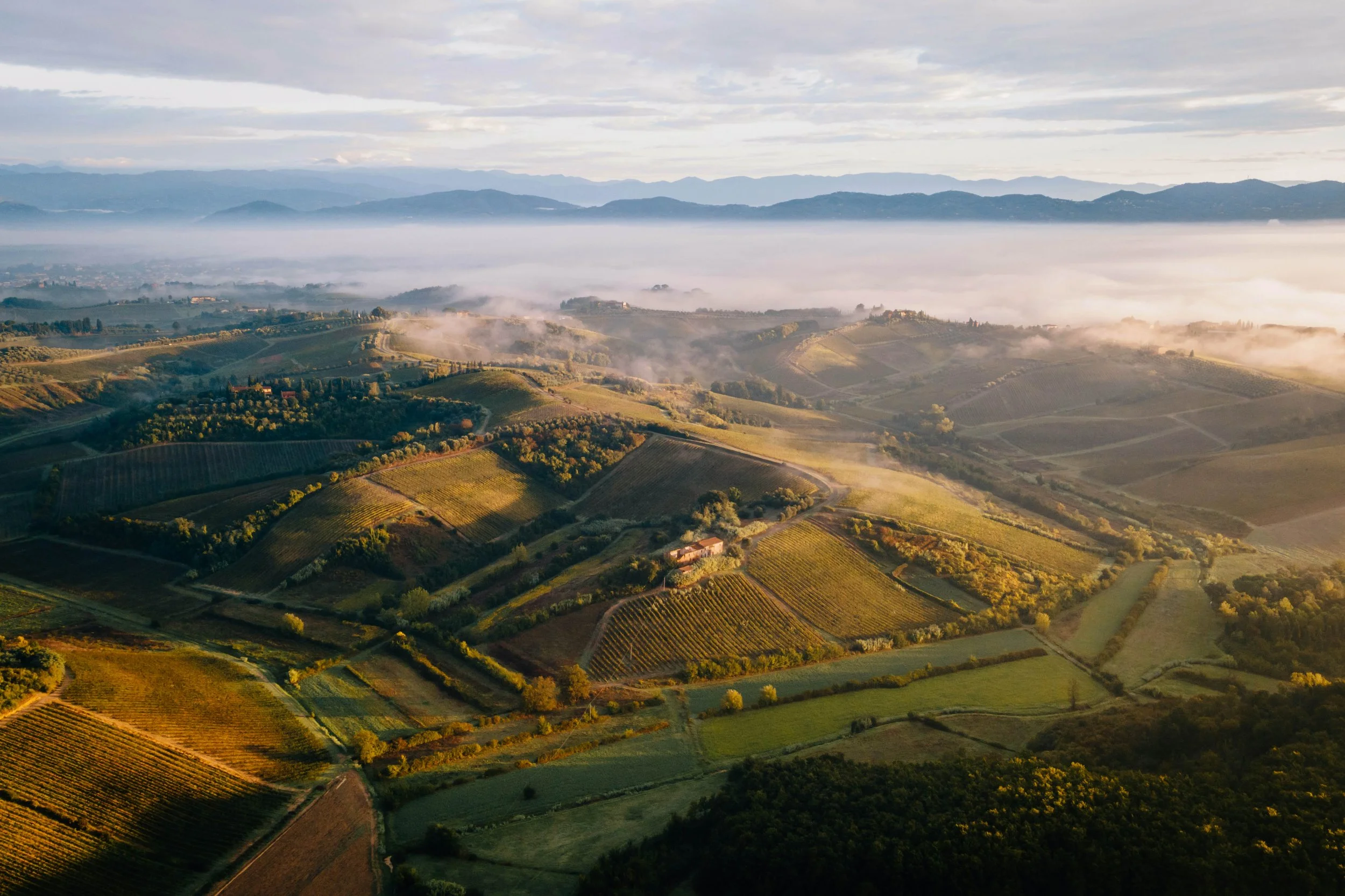 Luxury hotel branding and visual production, resort di lusso Chianti, foto con drone vigneti al tramonto