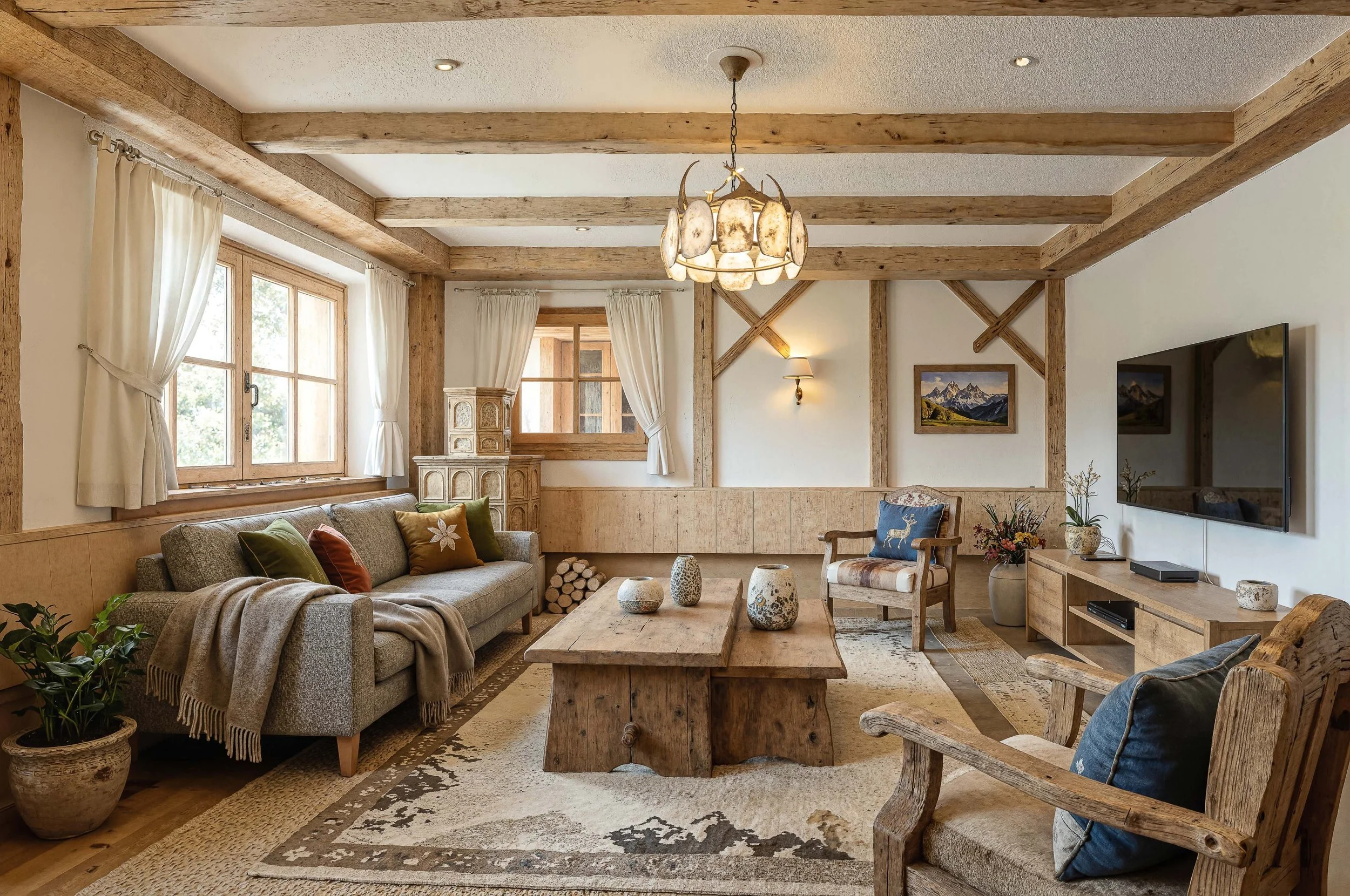 Render 3D immobiliare, modelling e rendering 3D professionale per studi di architettura, agenzie immobiliari e developer. Render di interni, salotto di chalet di lusso nelle Dolomiti