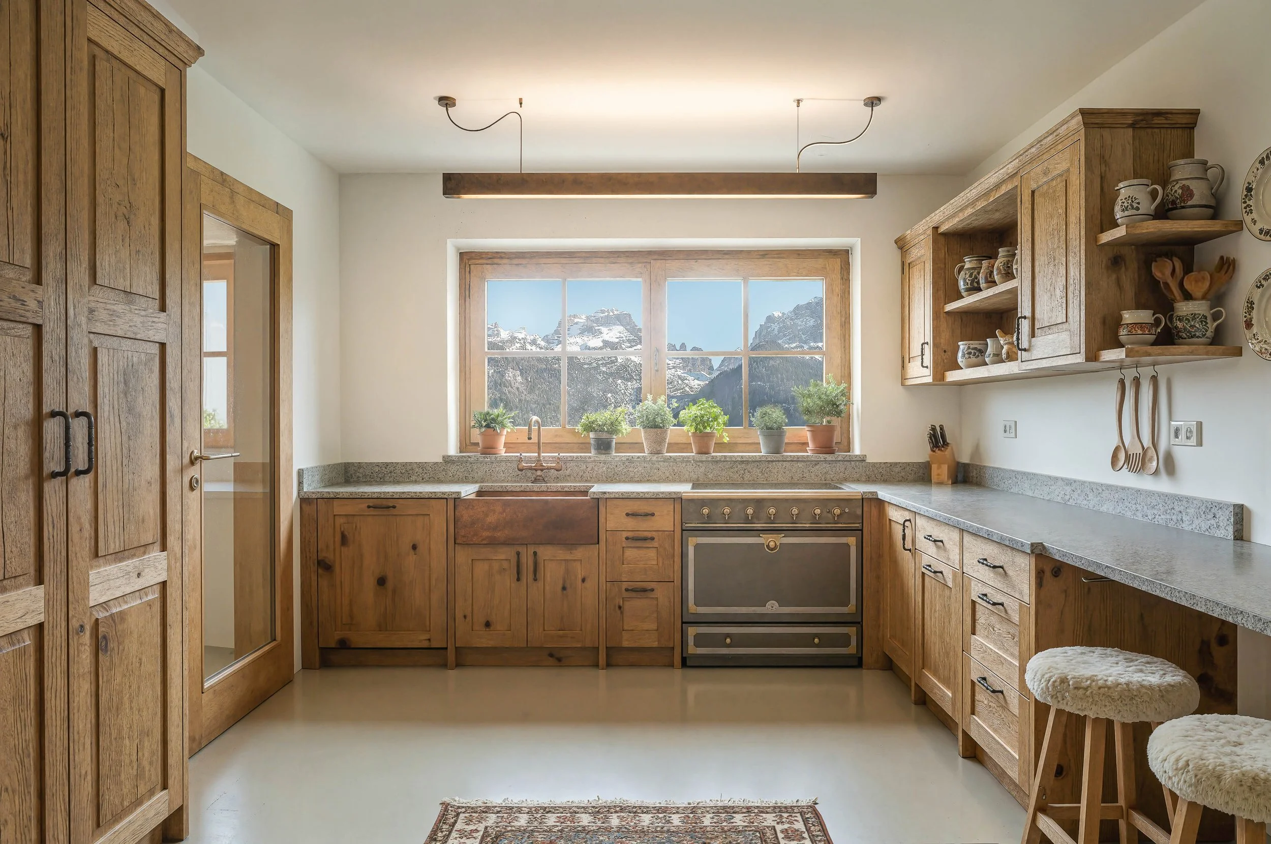 Foto inserimento realistico 3D per lreal estate, immobiliare, hotel e developer, cucina di chalet di lusso nelle Dolomiti