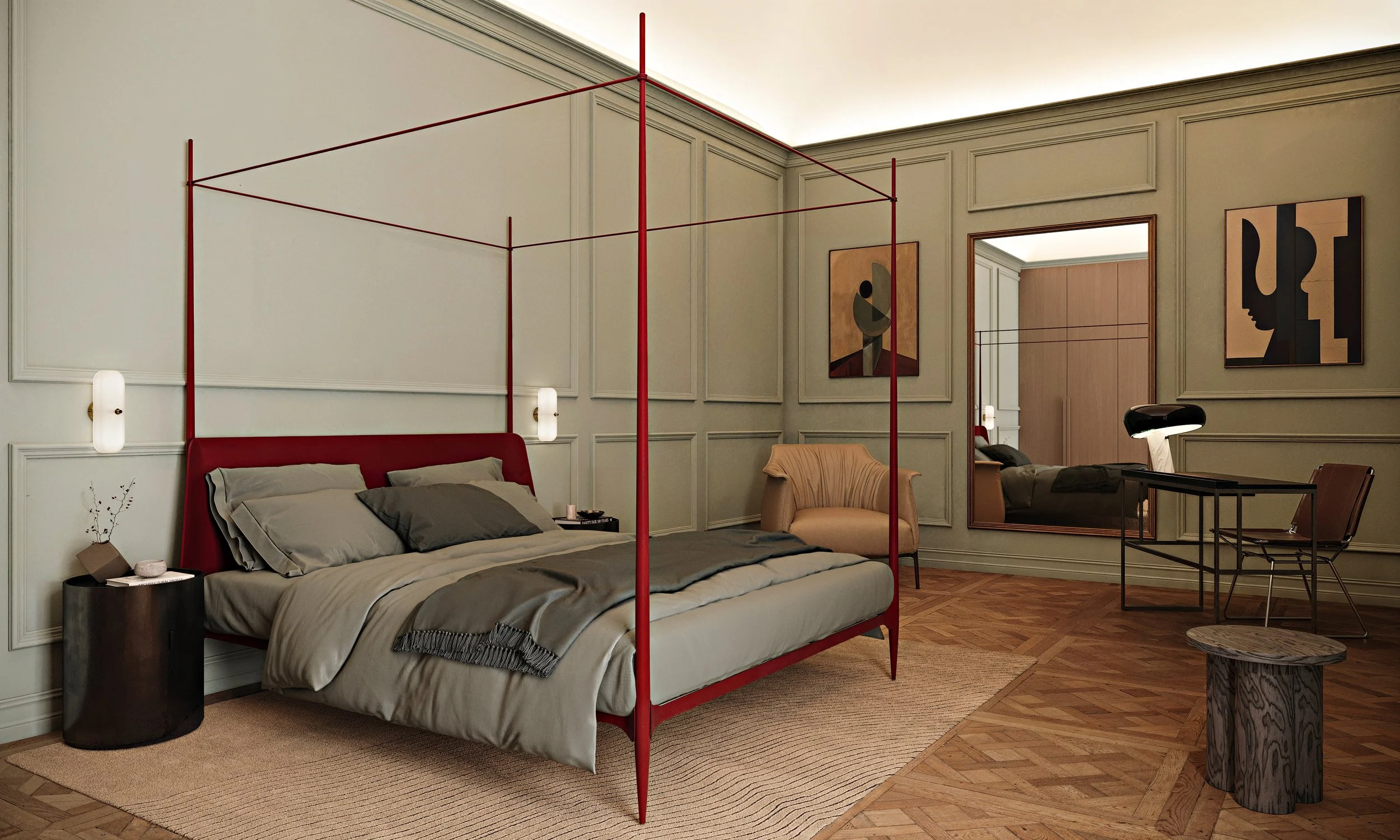 Camera da letto con letto a baldacchino, pareti beige con pannelli decorativi, quadri moderni, specchio grande, poltrona beige, lampada da scrivania nera, tavolo di legno, sedia marrone, pavimento in parquet.