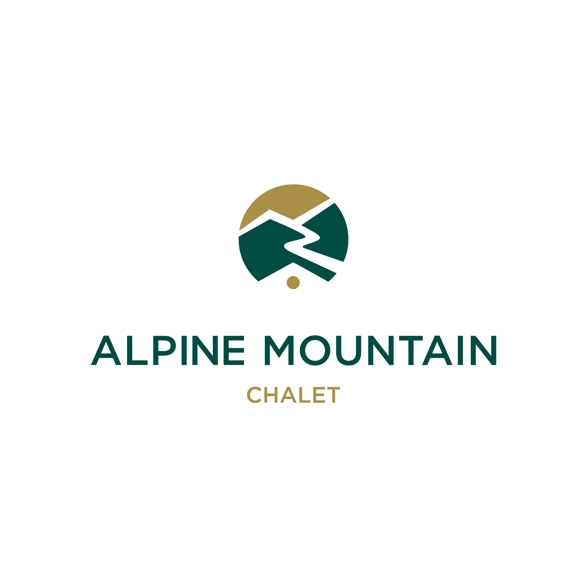 Logo con simbolo di montagne e testo 'ALPINE MOUNTAIN CHALET' in colori verde e marrone su sfondo nero.